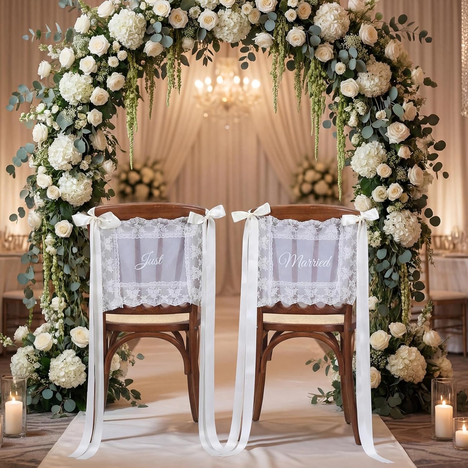 2 Sets Sheer Lace Wedding Chair Signs with Ribbons Just Married Sheer Tulle Covers Vintage Chairs Back Decoration for Bridal Shower Engagement Party Rustic Wedding Ceremony