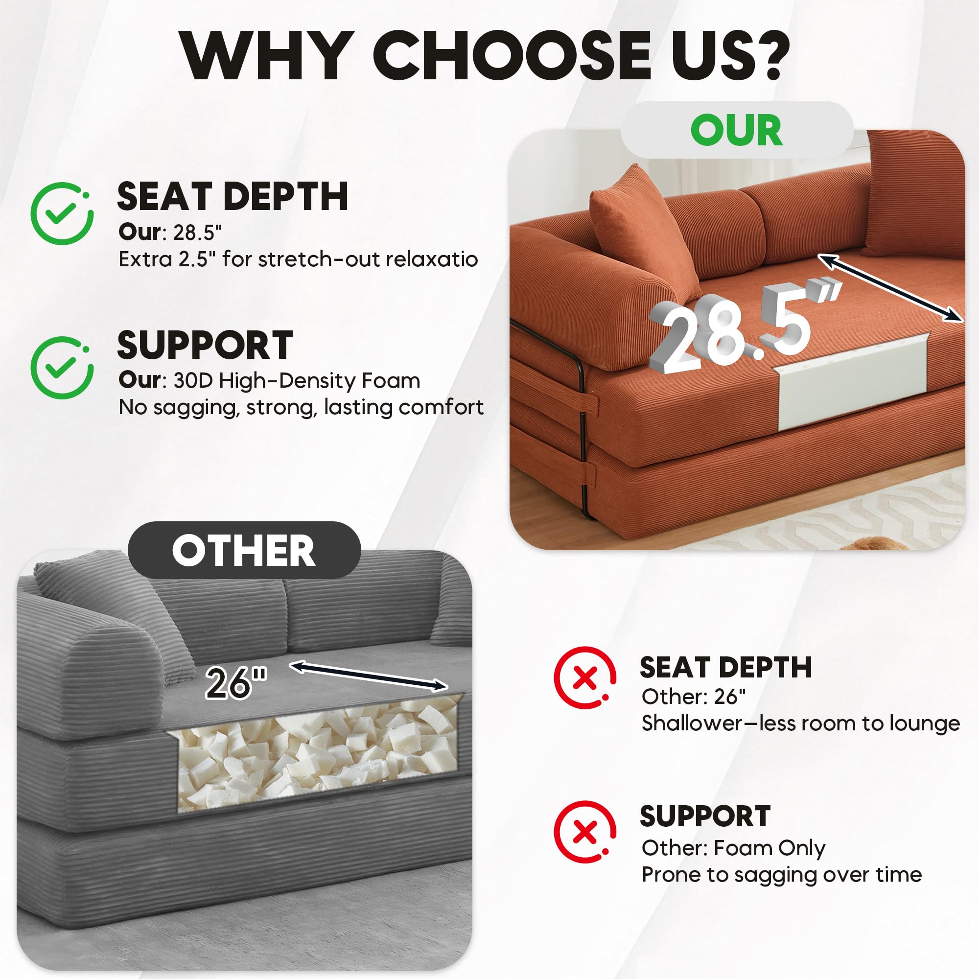 78" Convertible Futon Sofa Bed, Boneless Couches for Living Room, Orange | Corduroy Loveseat Sleeper Futon Sofa Bed, Modular Sectional Sofa, Boneless Couch, Pull Out Couch, No Assembly Required