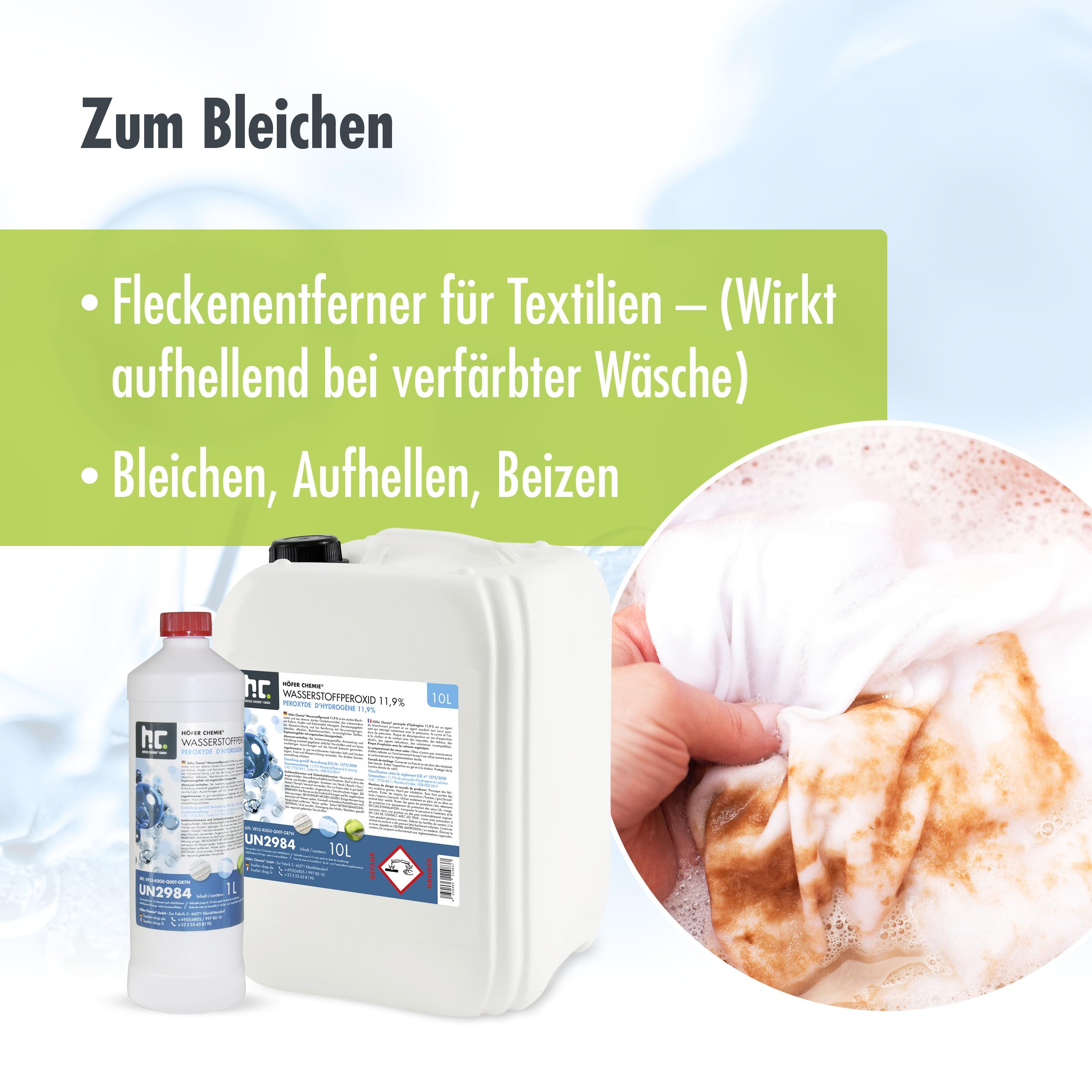 Höfer Chemie 10 L Wasserstoffperoxid 11,9% – Technische Oxidationslösung – stabilisiert mit 1% Phosphorsäure – Vielseitig einsetzbar zum Bleichen, Reinigen & Technischen Gebrauch