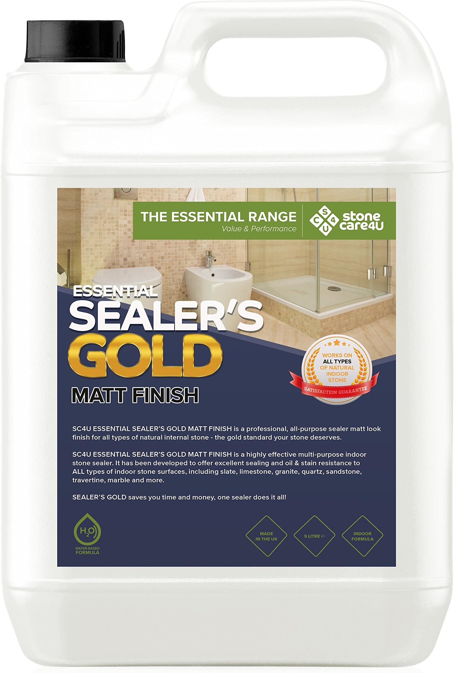 Stonecare4uEssential Sealers Gold - MATT (Dry) Finish - 5 Litre - Internal Floor and Tile Sealer. Long Lasting, Natural Stone, Stain Resistant Coating. The Professionals Choice…