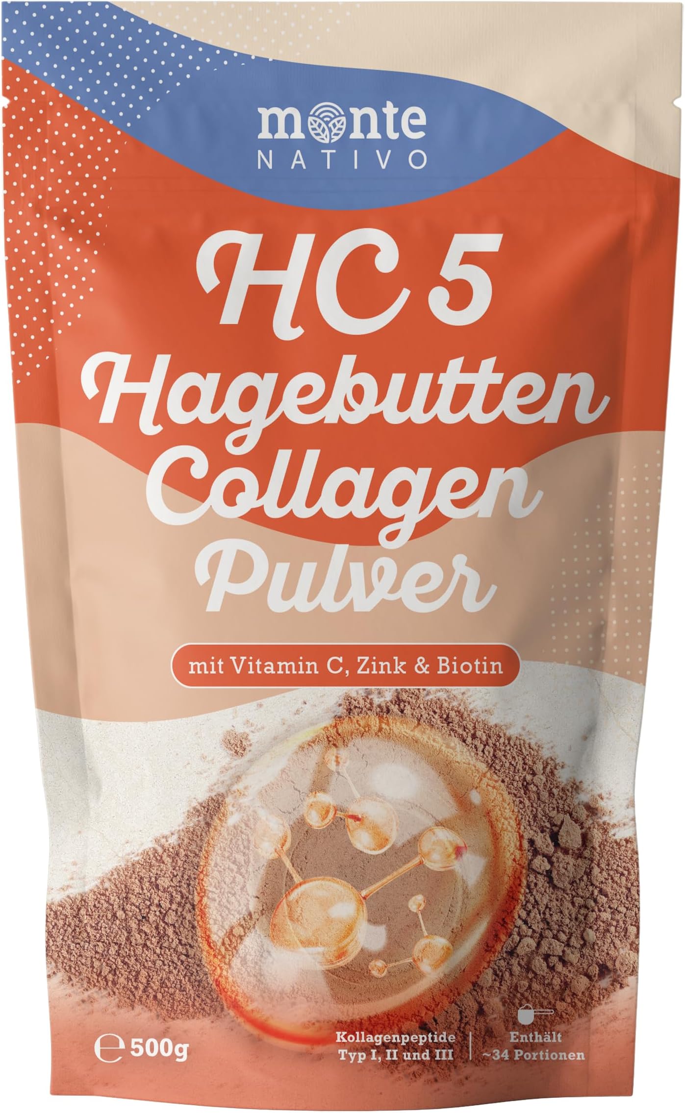HC5 Rosehip Collagen Powder Monte Nativo (500g) โ with Collagen, Vitamin C, Zinc & Biotin โ for Skin, Hair, Nails & Normal Immune Function โ Pure Natural Superfood with No Additives