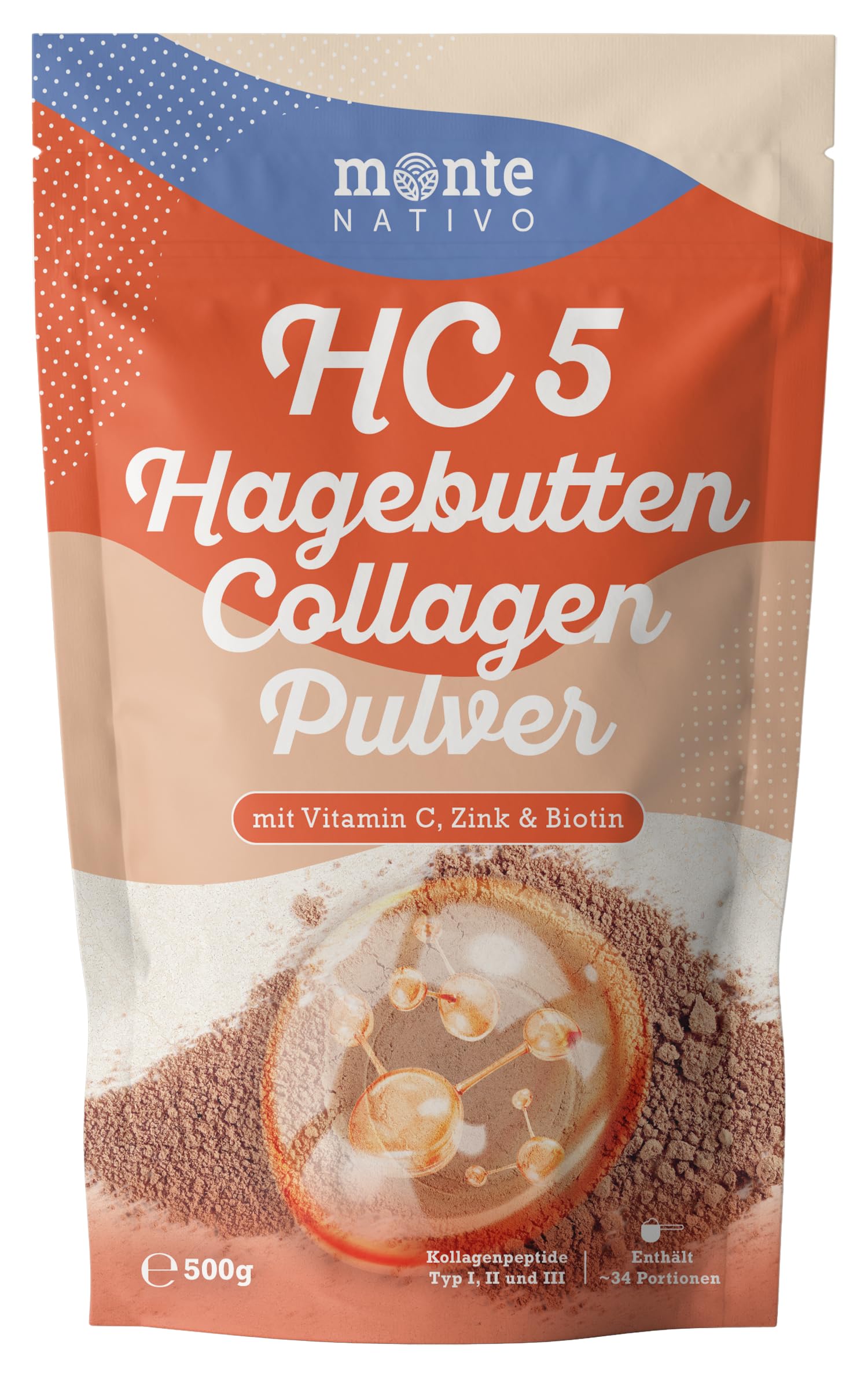 HC5 Rosehip Collagen Powder Monte Nativo (500g) – With Collagen, Vitamin C, Zinc & Biotin – For Skin, Hair, Nails & Normal Immune Function – Pure Natural Superfood with No Additives