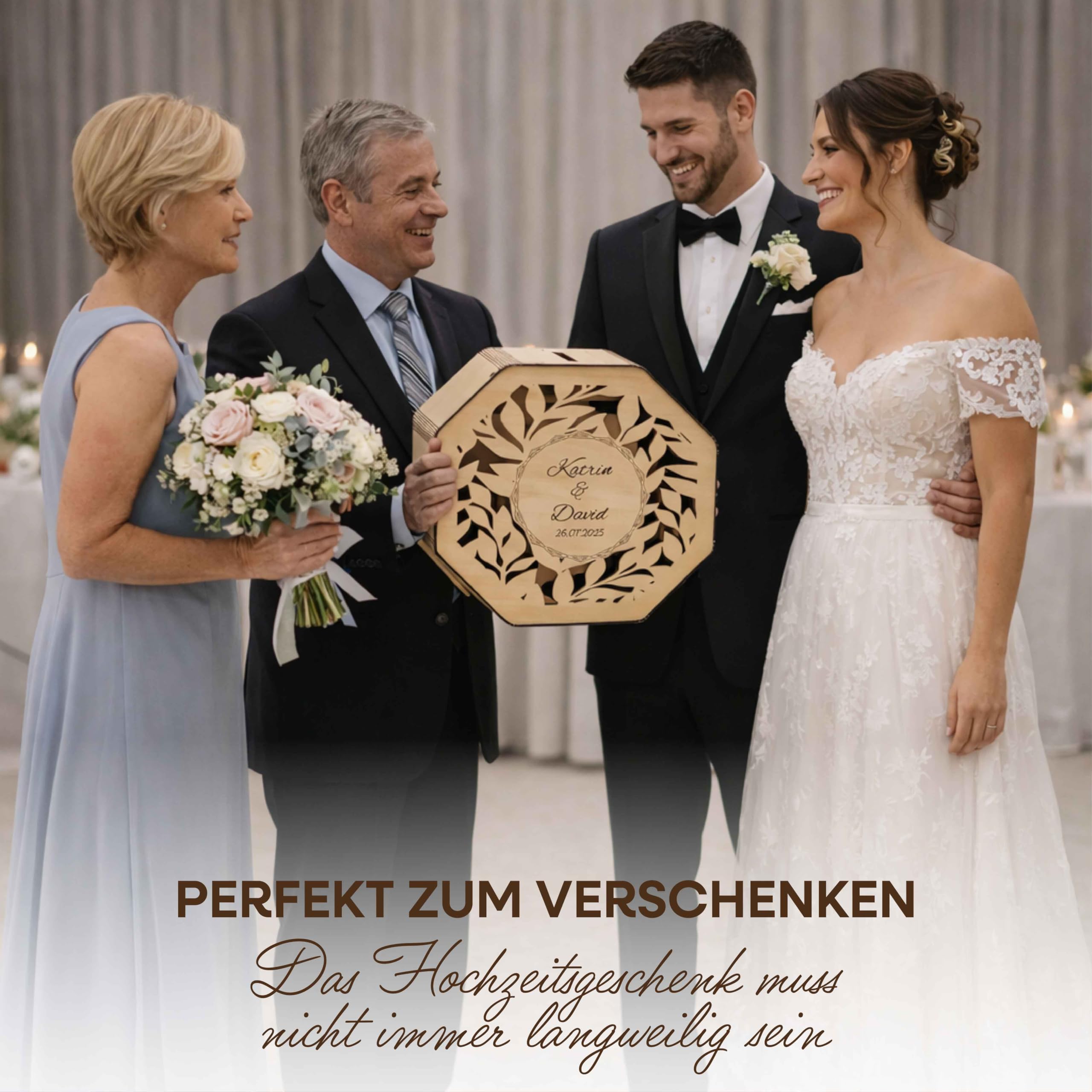 BirdartBox® Kartenbox Hochzeit personalisiert | Hochzeitsbox für Geldgeschenke hochwertig aus Holz, Schatulle mit Gravur Name und Datum