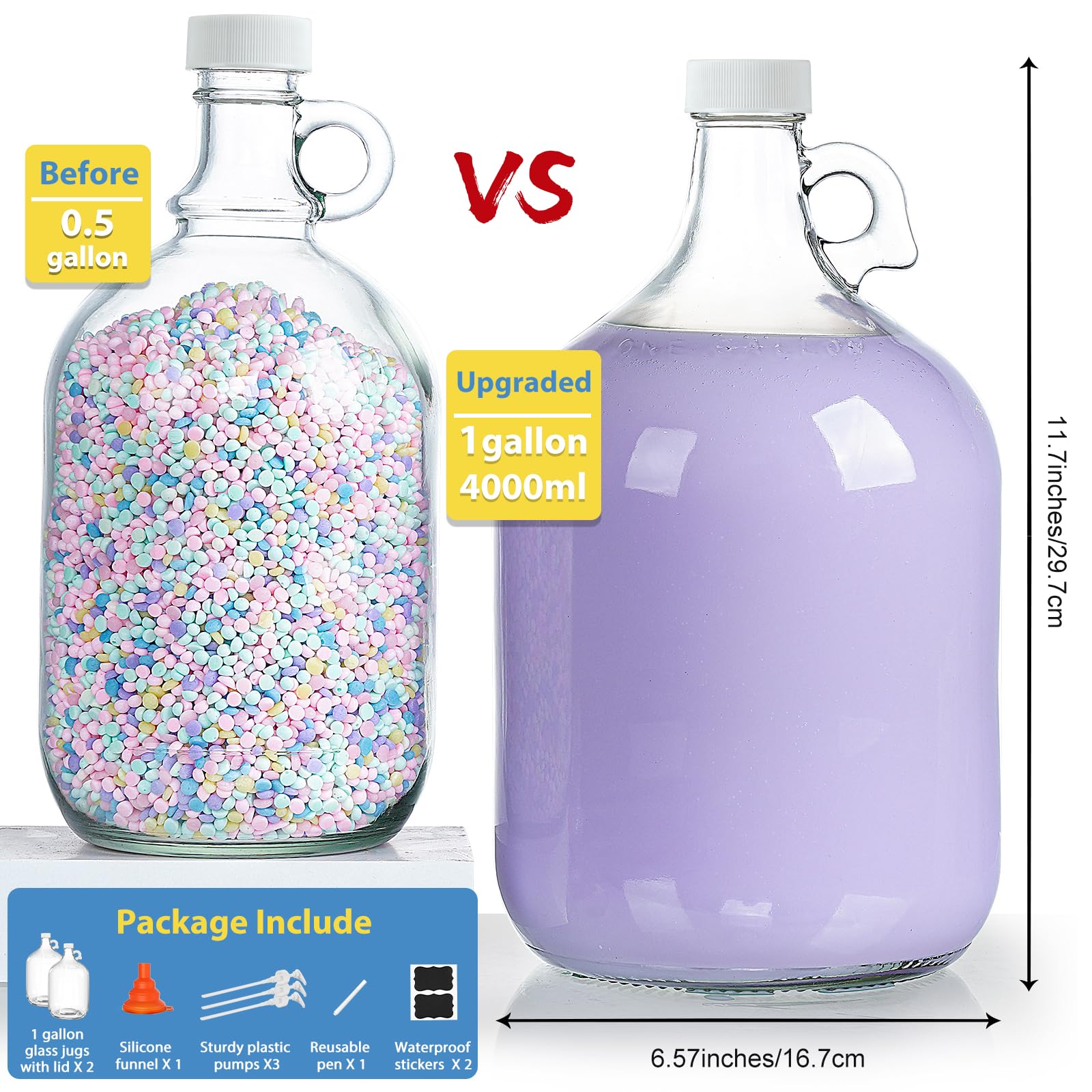 Paquete de 2 dispensadores de botellas de vidrio con bomba de galón con 3 bombas y 2 tapas herméticas, dispensadores de jabón de lavandería con 1 embudo, dispensadores de detergente líquido para