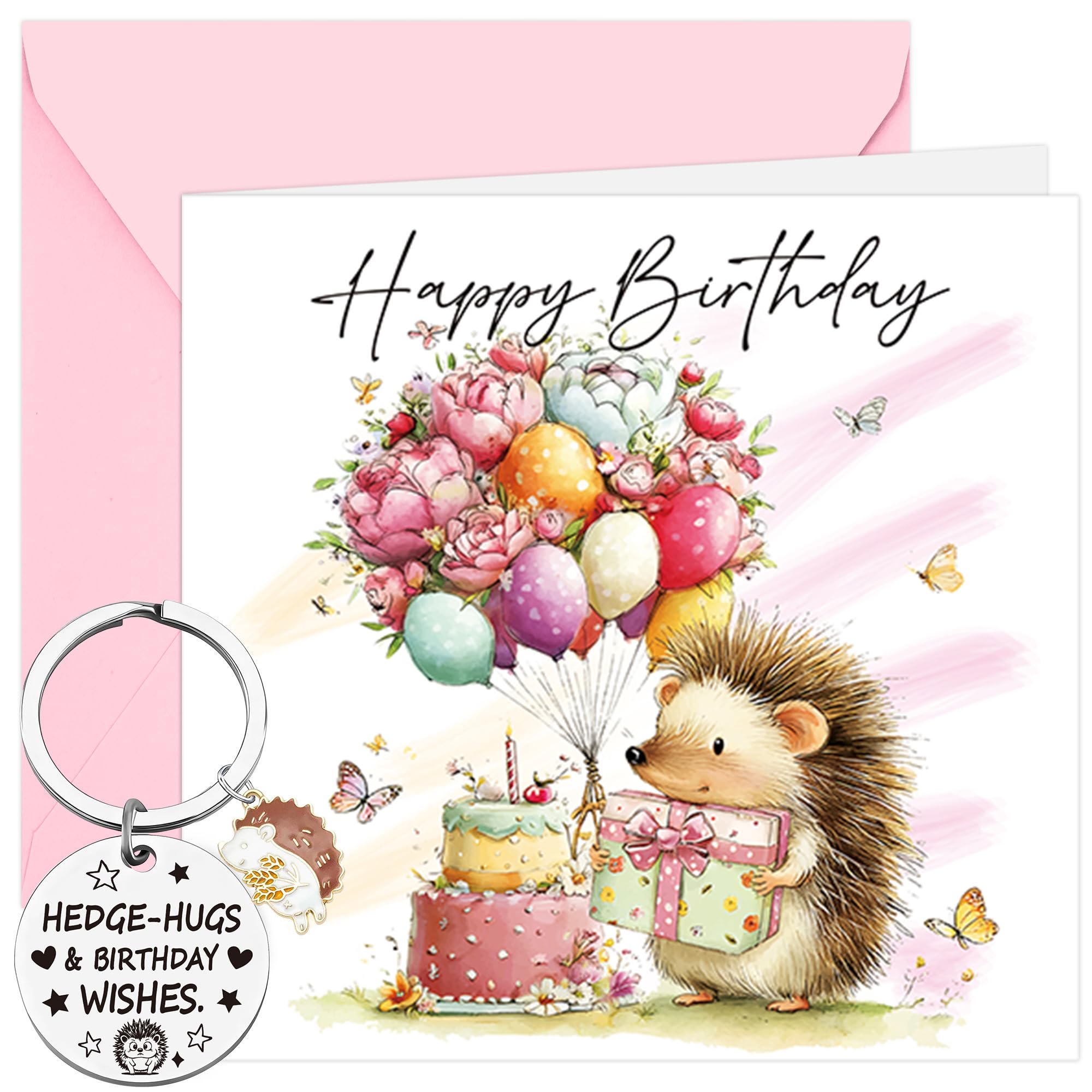 Hedgehog Birthday Card and Keyring for Women, Cute Watercolour Hedgehog Card with Envelope and 2 Metal Keyrings, Female Birthday Gift for Animal Lovers Present