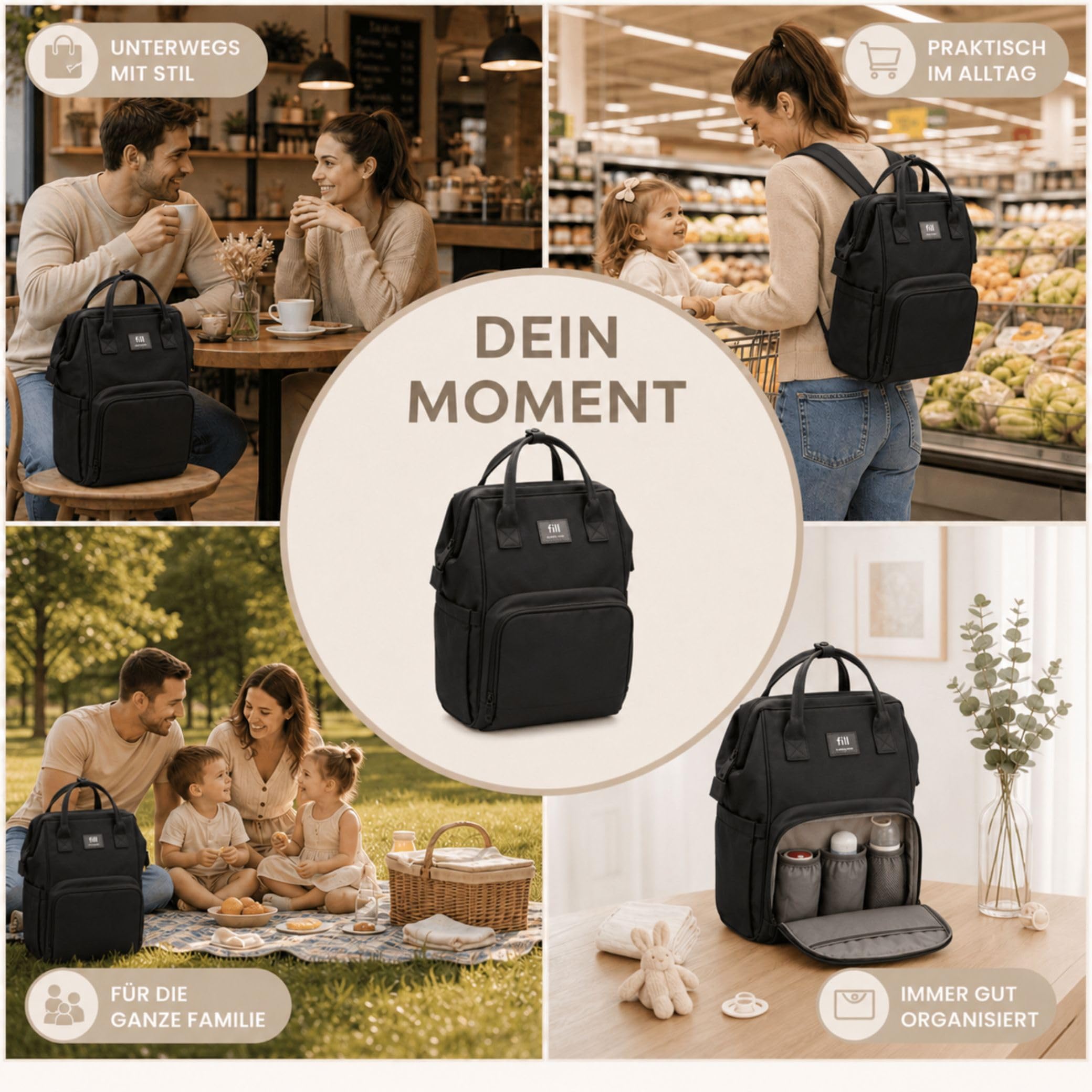 Fillikid Wickelrucksack Barcelona | Geräumiger & stylischer Rucksack mit vielen Fächern, isoliertem Flaschenhalter & Wickelauflage | Bequem tragbar & ideal für den Alltag mit Baby