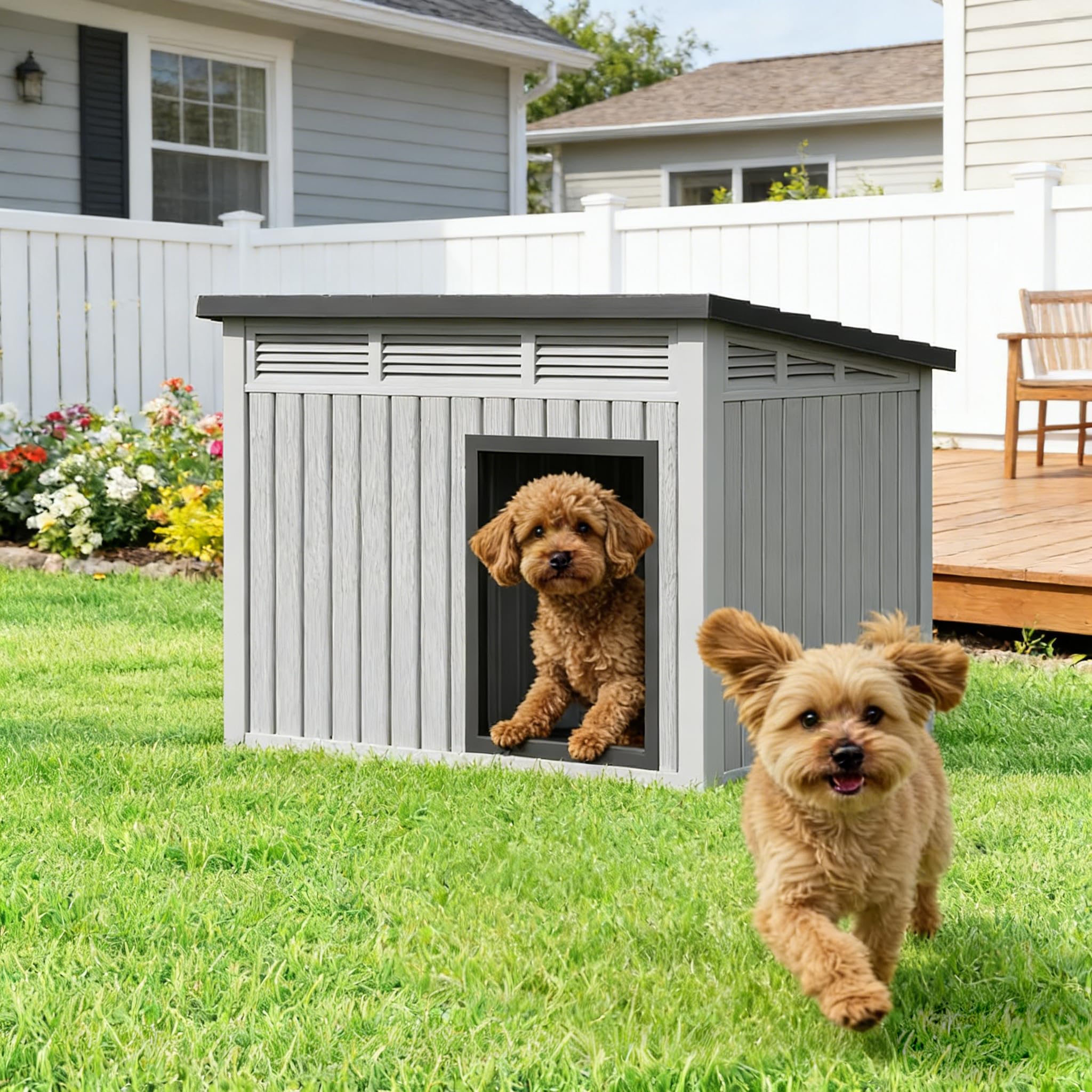 Bifanuo Niche d'extérieur pour chiens de taille moyenne et petite – Toit amovible résistant aux intempéries, facile à assembler, facile à nettoyer, idéale pour les chiens de taille moyenne (gris
