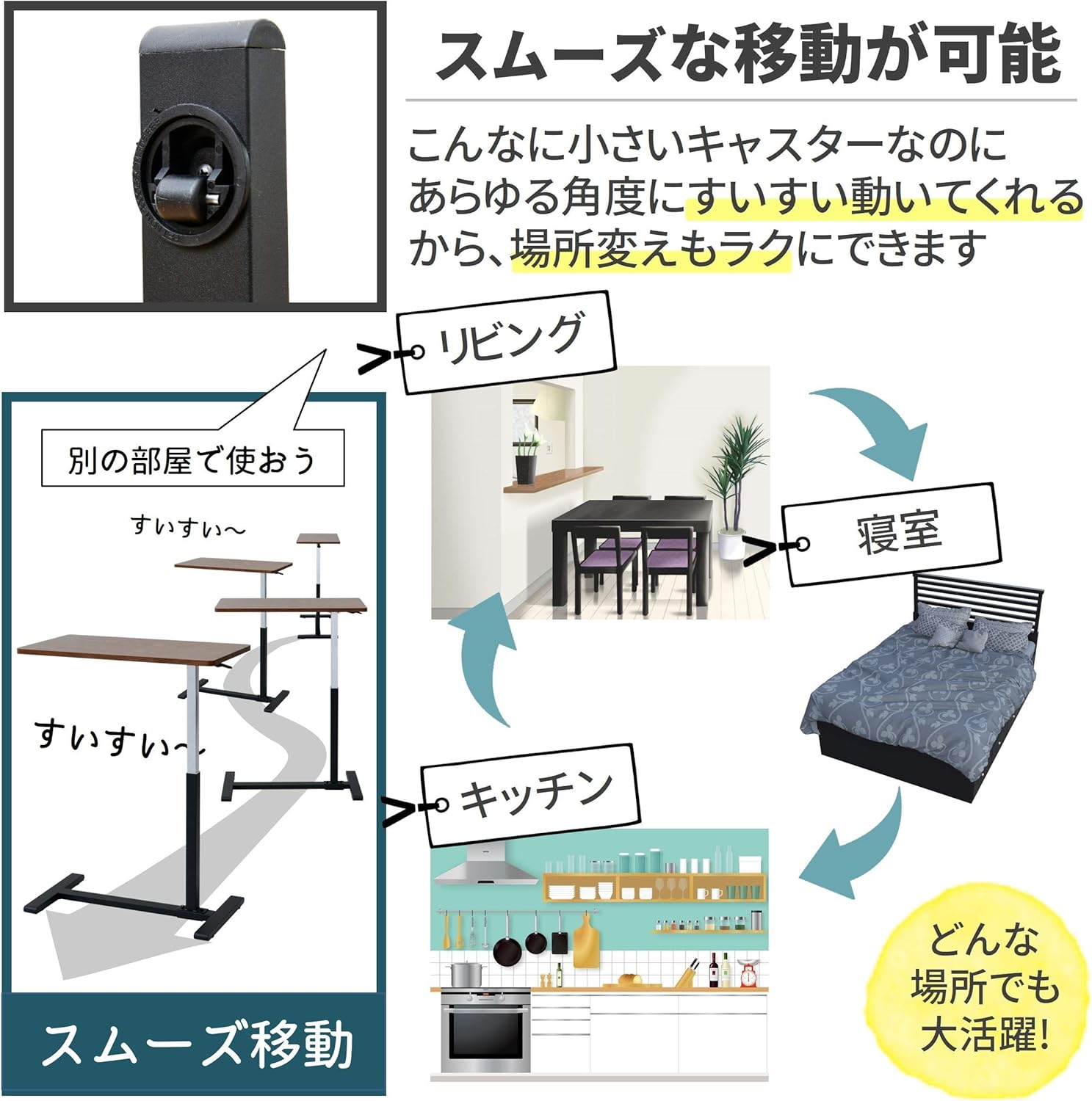Yamazen KUT-7040 (GBK) Elevating Type Side Table, Height 23.6-37.4 inches (60-95 cm), Low Floor Caster That Enters Gap 1.6 inches (4 cm), Gas Pressure Boost, Stepless Height Adjustment, Width 27.6