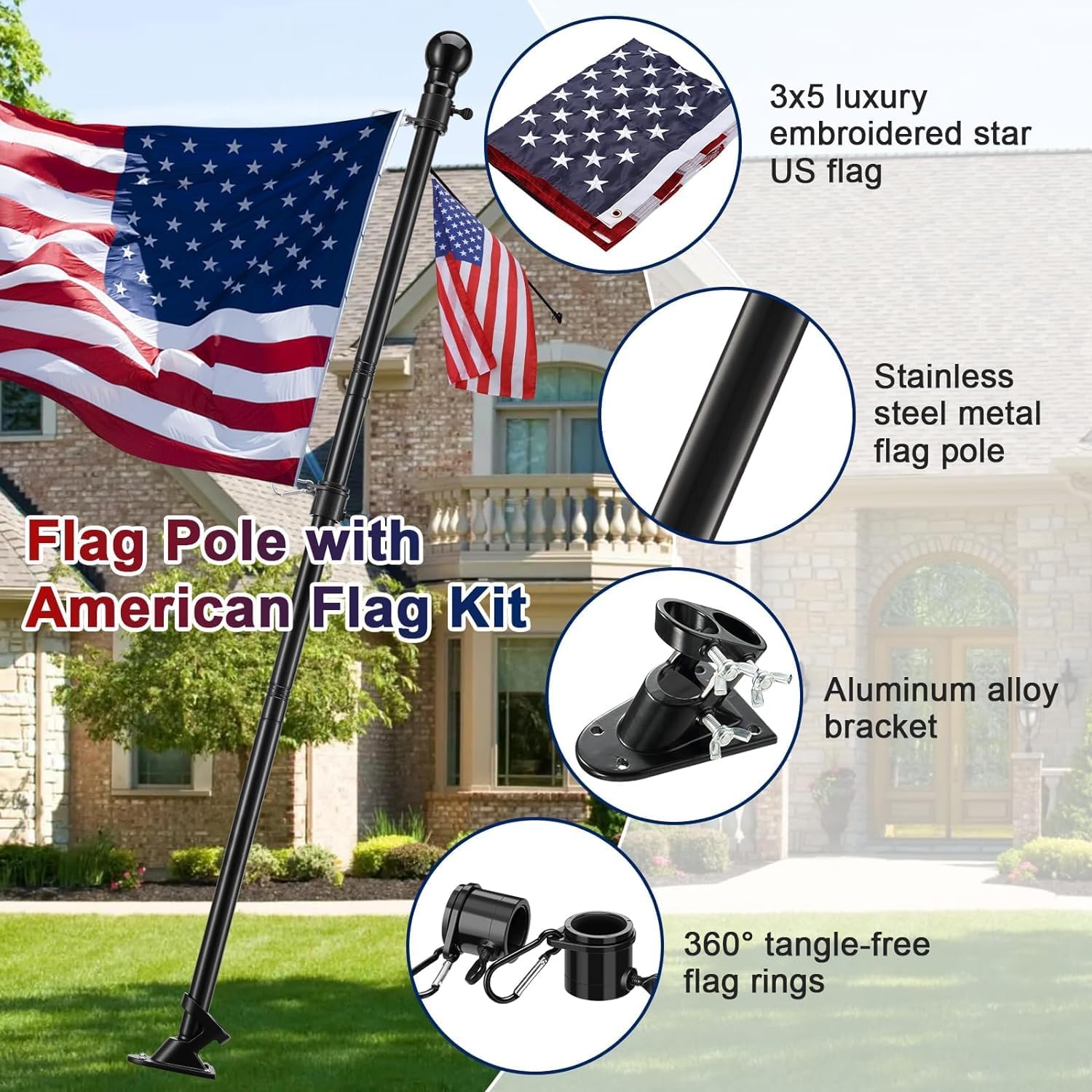 Barcetine Flag Pole Kit with 3x5 US Flag - Includes 5ft Heavy Duty Tangle Free Flagpole,Weather Resistant 3x5 Embroidered American Flag,Aluminum Holder Bracket,for Outside House,Porch,Outdoor - Image 2