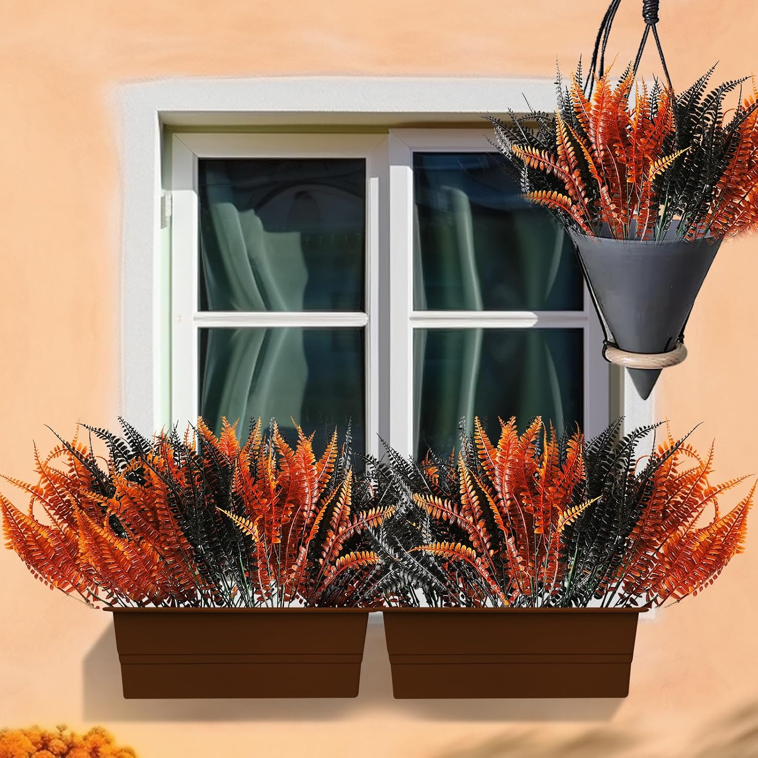 SNAIL GARDEN 12 Bundles Artificial Boston Fern Plants,17.3‘’/44CM Black Persian Fern Leaf, Orange Fake Ferns Fall Shrubs,Artificial Ferns for Outdoor Indoor