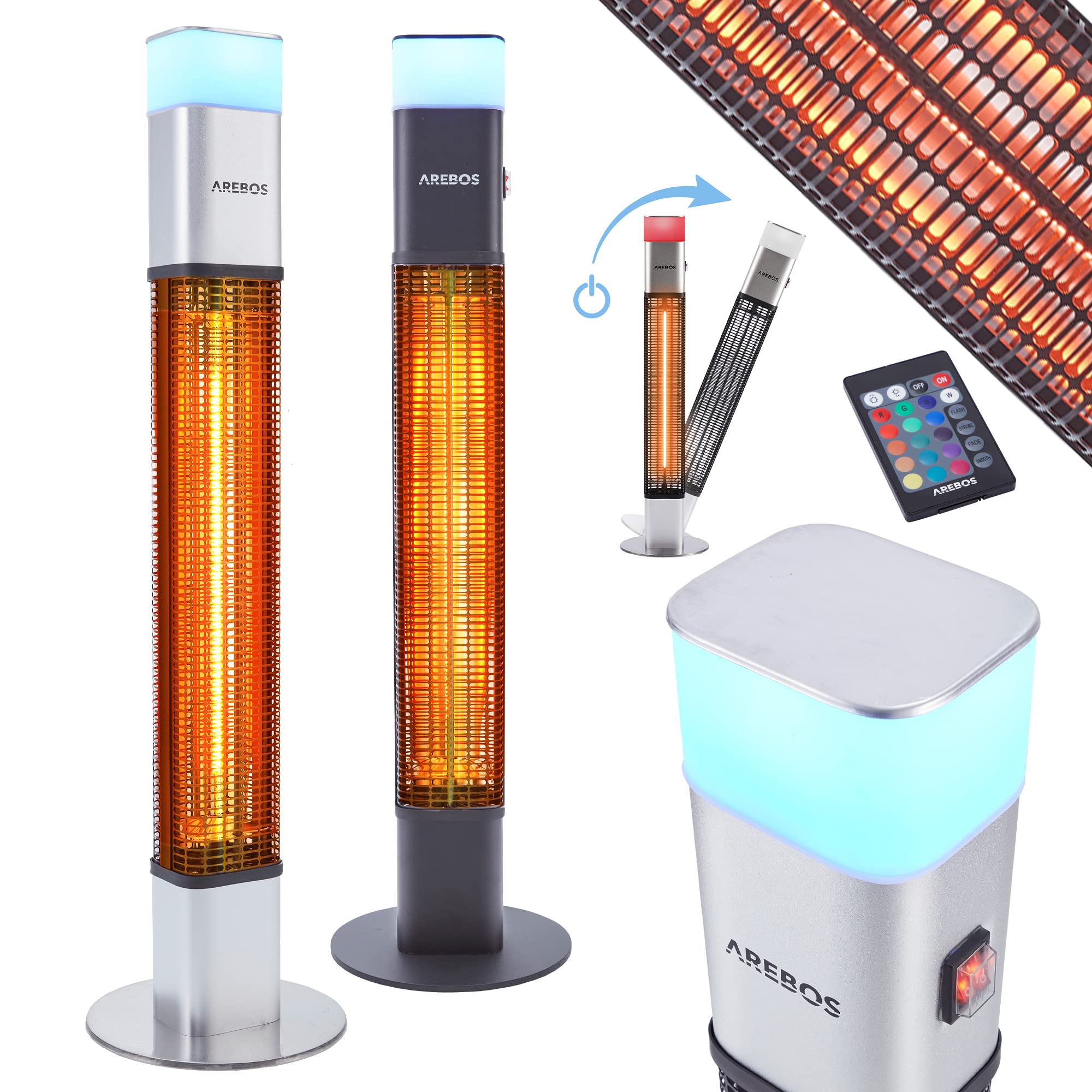 Arebos Grzejnik ciepła do wnętrz i na zewnątrz 1500 W | Grzejnik na podczerwień | węglowy element grzejny | 16 kolorów światła LED, przełącznik dźwigniowy, pilot zdalnego sterowania