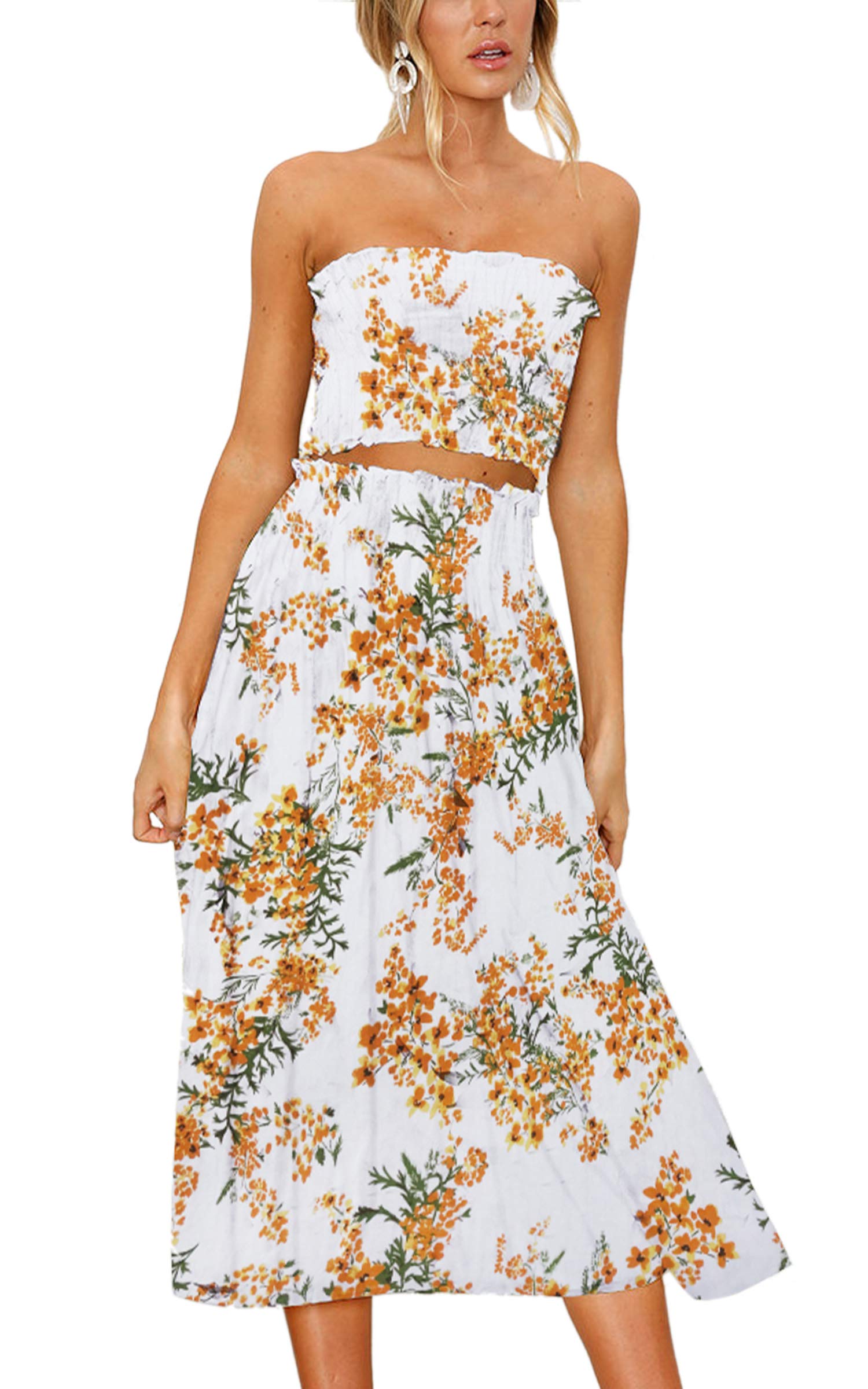 AngashionWomen's Floral Crop Top Maxi Skirts Set 2 Piece Outfit Dress