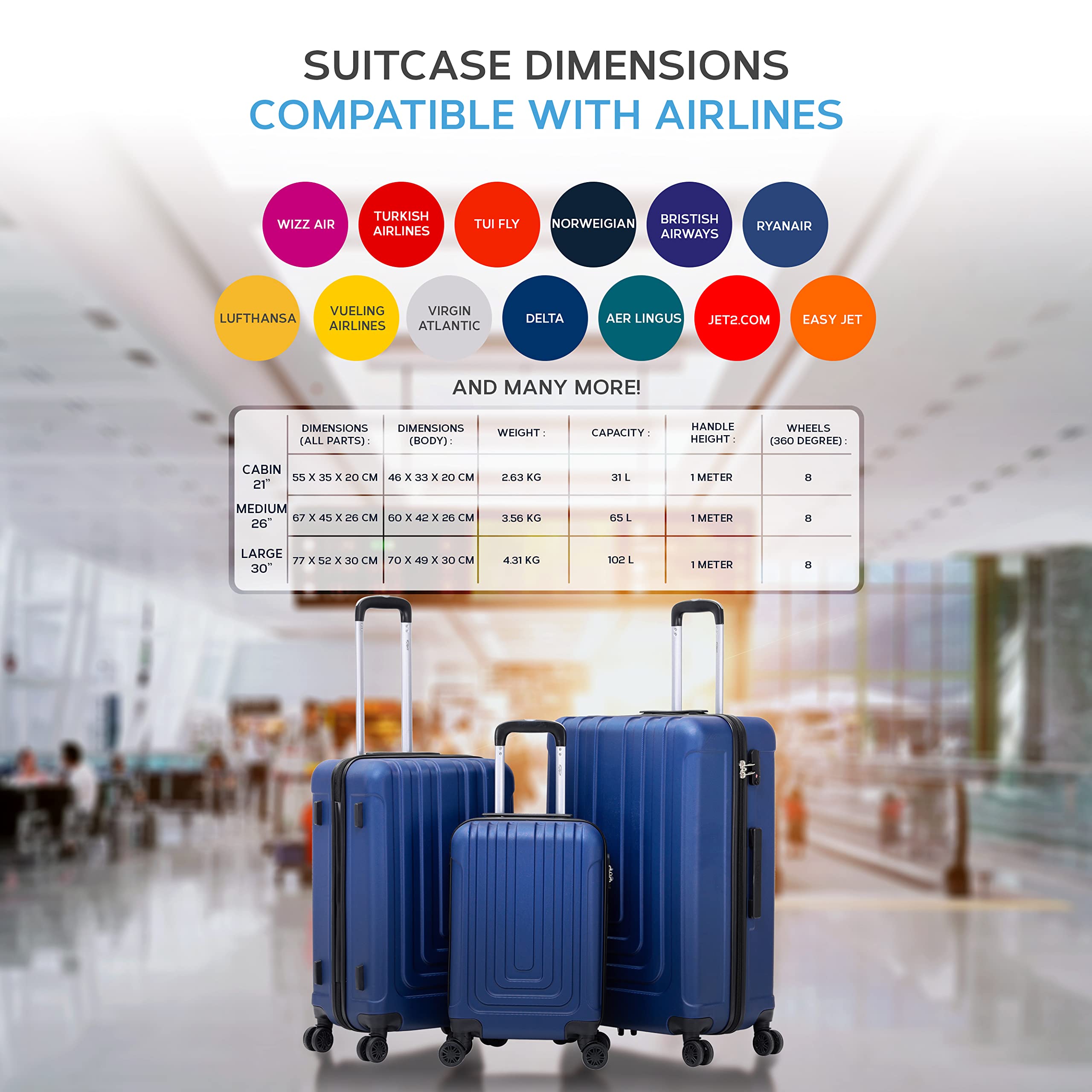 Flight Knight Premium Travel Suitcase - 8 Spinner Wheels - Built-in TSA Combination Lock - Lightweight ABS Hard Shell Carry On Or Check in Luggage - Highly Durable - Approved for Over 100 Airlines