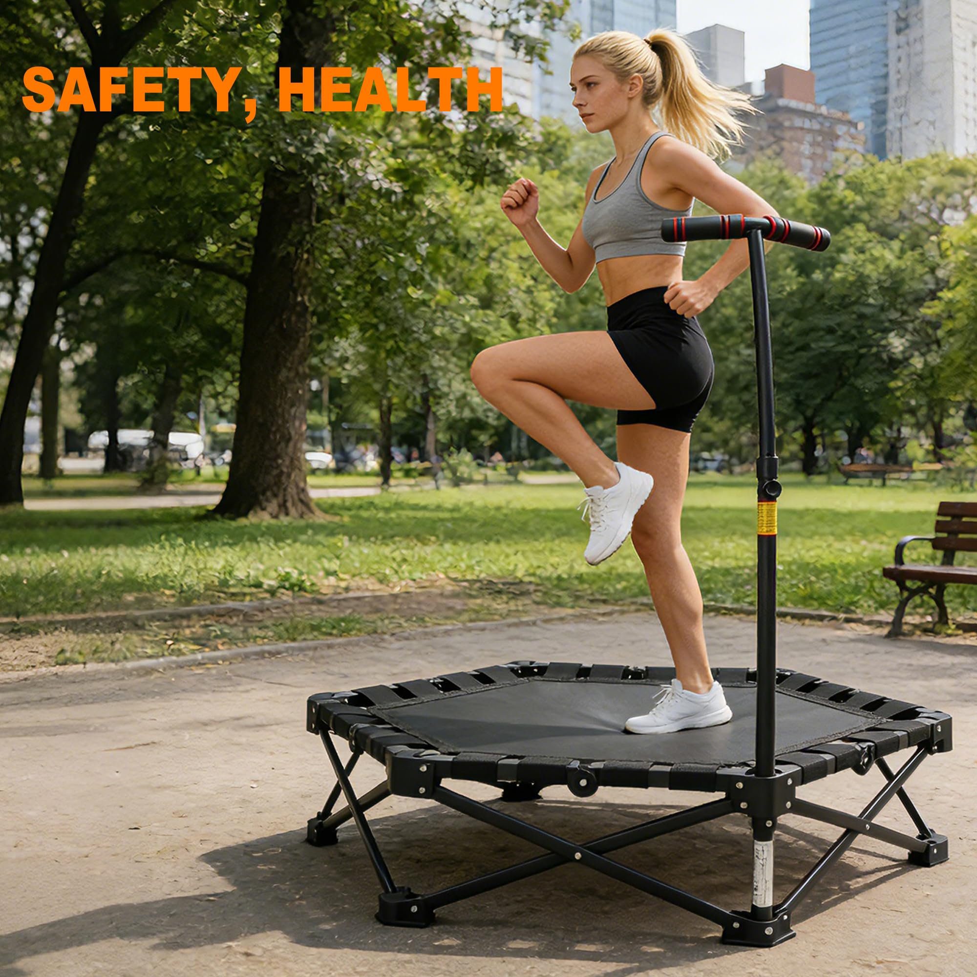 Składana mini trampolina 106 cm, 3-stopniowa regulacja wysokości, bez montażu, do użytku wewnątrz i na zewnątrz, z wytrzymałą ramą X, cicha, antypoślizgowa, do treningu domowego i zabawy