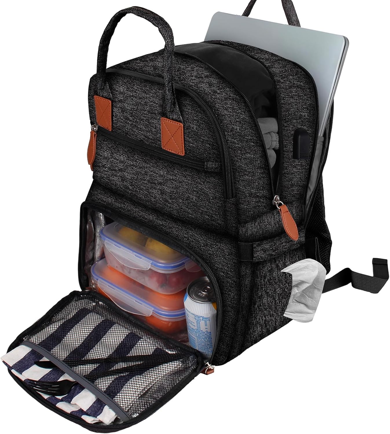 Zaino per laptop con borsa termica per 15,6 pollici, zaino per il pranzo con, borsa a tracolla impermeabile per uomo, pranzo per donna, per viaggi di lavoro, nero