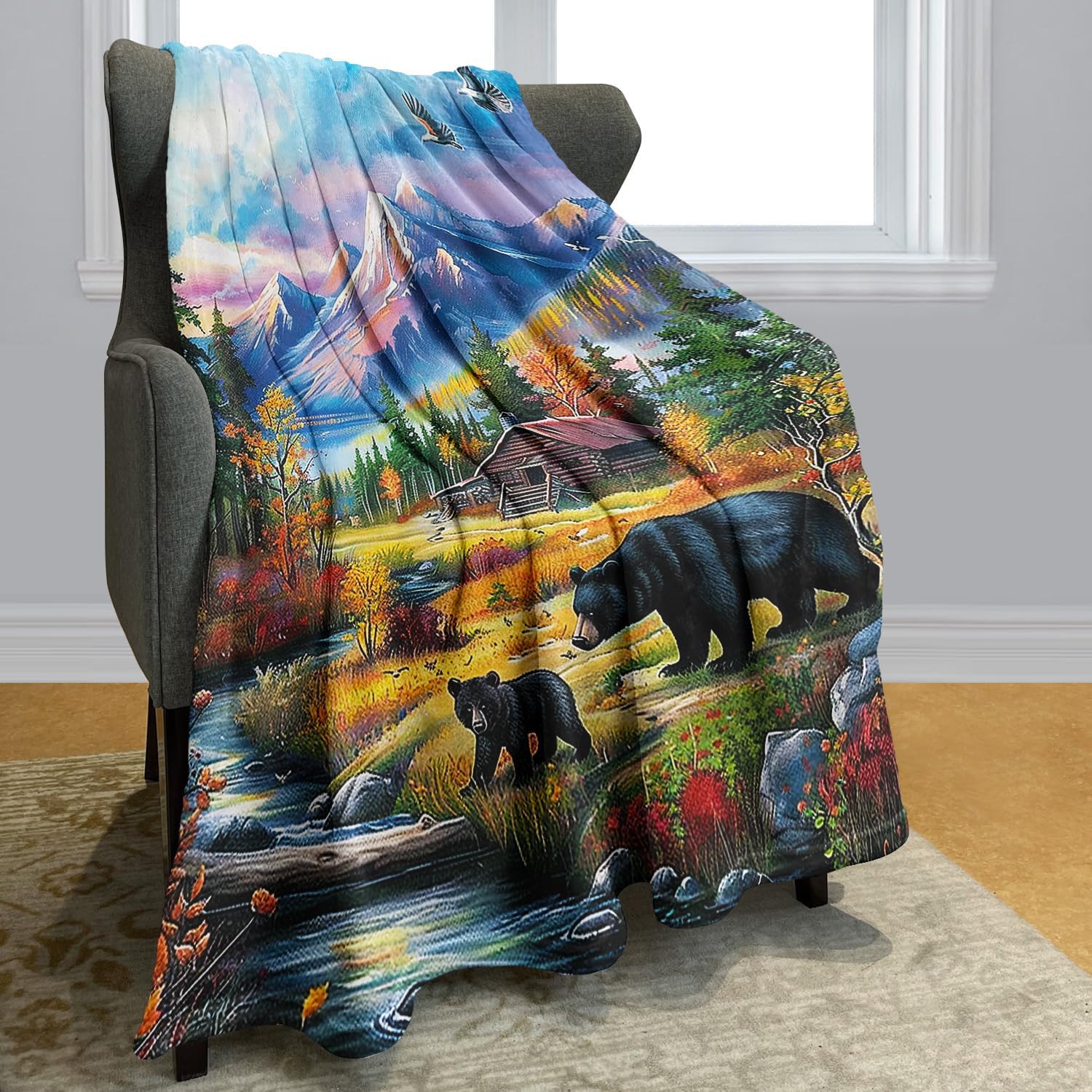HommomH Mountain Forest Black Bear Blanket, Wild Animal Throw Blankets for Couch Sofa Bed, Soft and Lightweight, 60"x80"