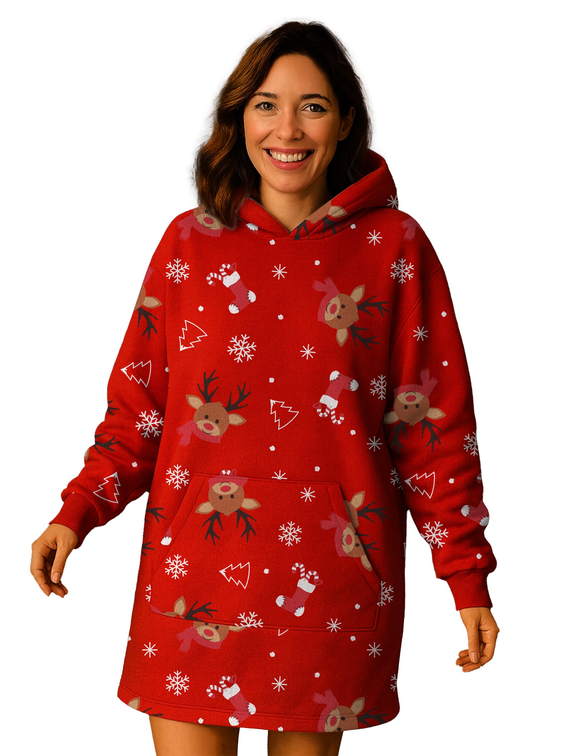 United Labels X-Mas Oversize Cozy Hoodie dla kobiet - renifer ponadwymiarowy damski sweter do przytulania puszysty sweter koc, czerwony