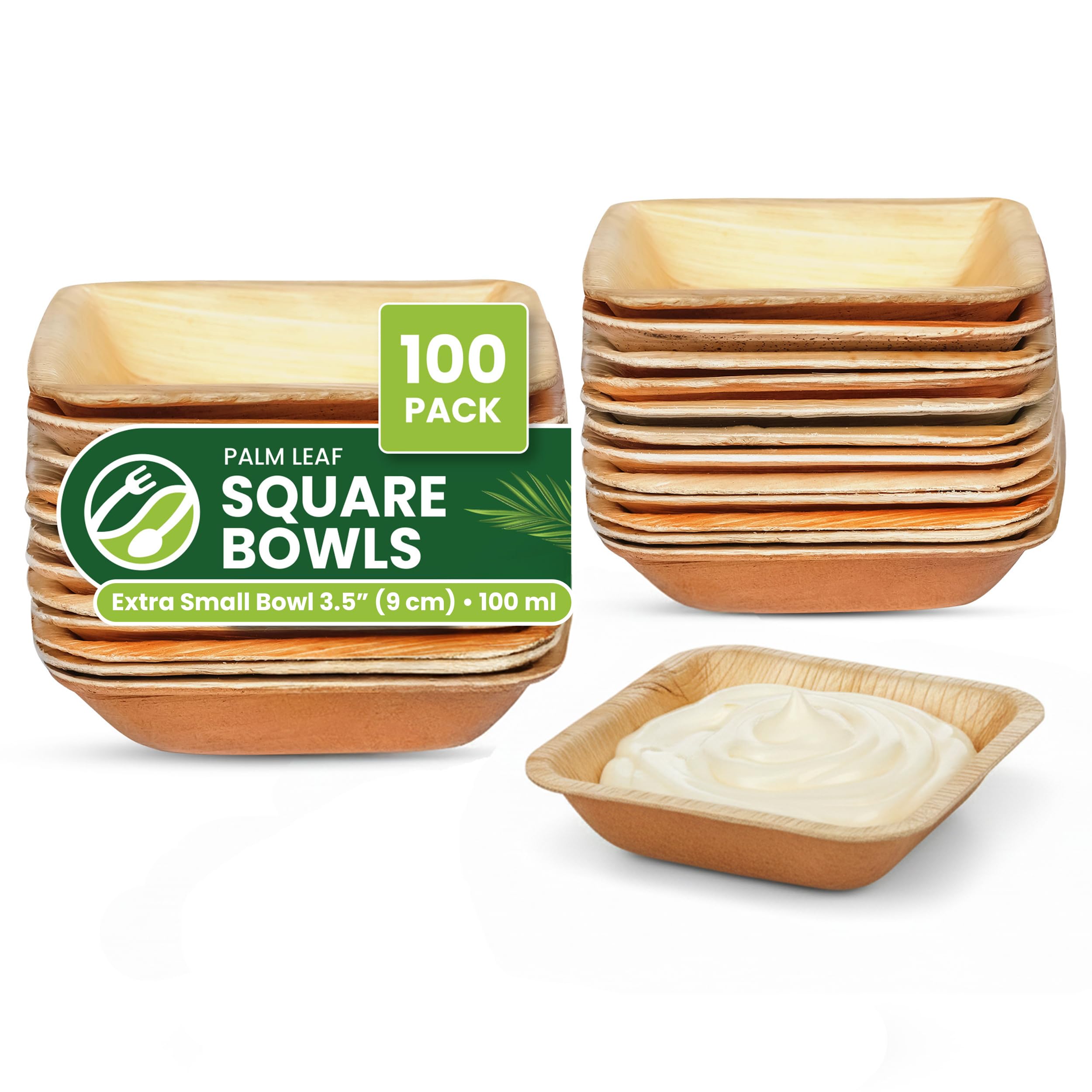 ECO Leaf 100 Disposable Palm Leaf Bowls |3.5โ(9cm) Square Compostable Dinner Bowls | Eco-Friendly, Biodegradable Heavy-Duty Bowl for Wedding, Party and Picnic | Microwave & Oven Safe, Pack of 100 โ image 1
