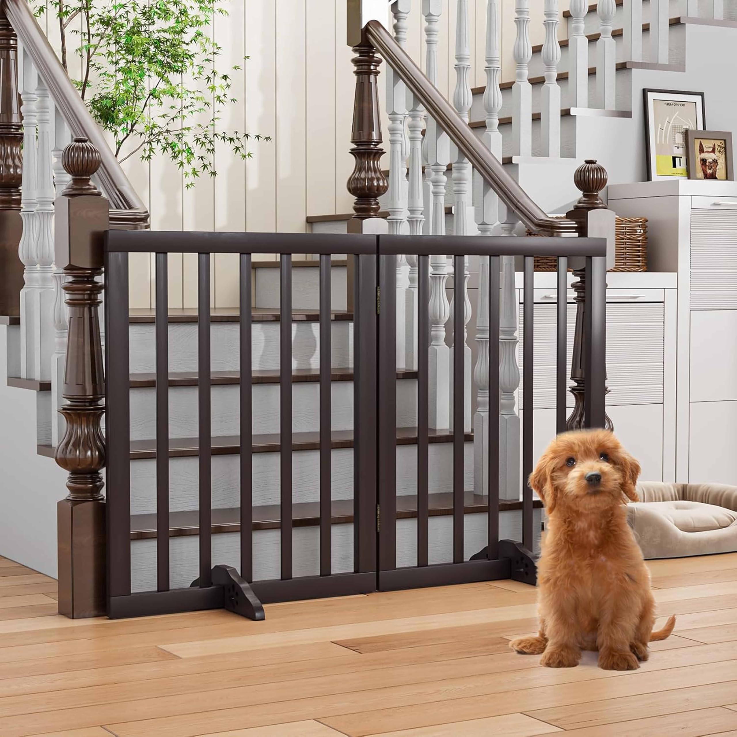Belief Wood | Freestanding Dog Gate | Foldable Wooden Pet Safety Gate for Dogs & Kids | Indoor Barrier with Support Feet for Stairs, Doorways, Hallways & Kitchens - 24" (Brown, 2 Panel)-image-41