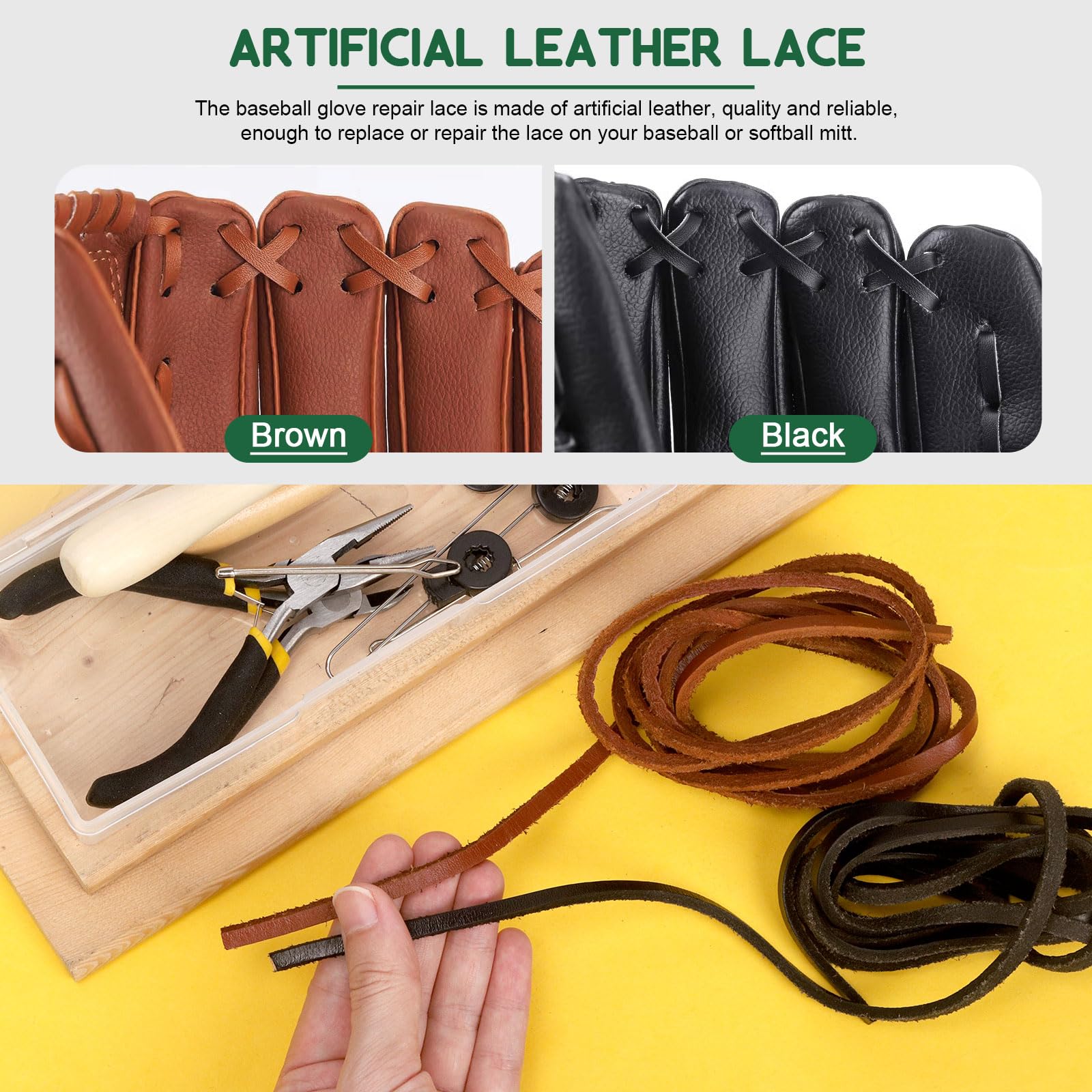 Keadic Kit de remplacement de gants de softball et de baseball de 13 pièces contenant des lacets en cuir de 200 cm, une aiguille à lacets, un enfile-cordon et des verrous de gants, un poinçon à
