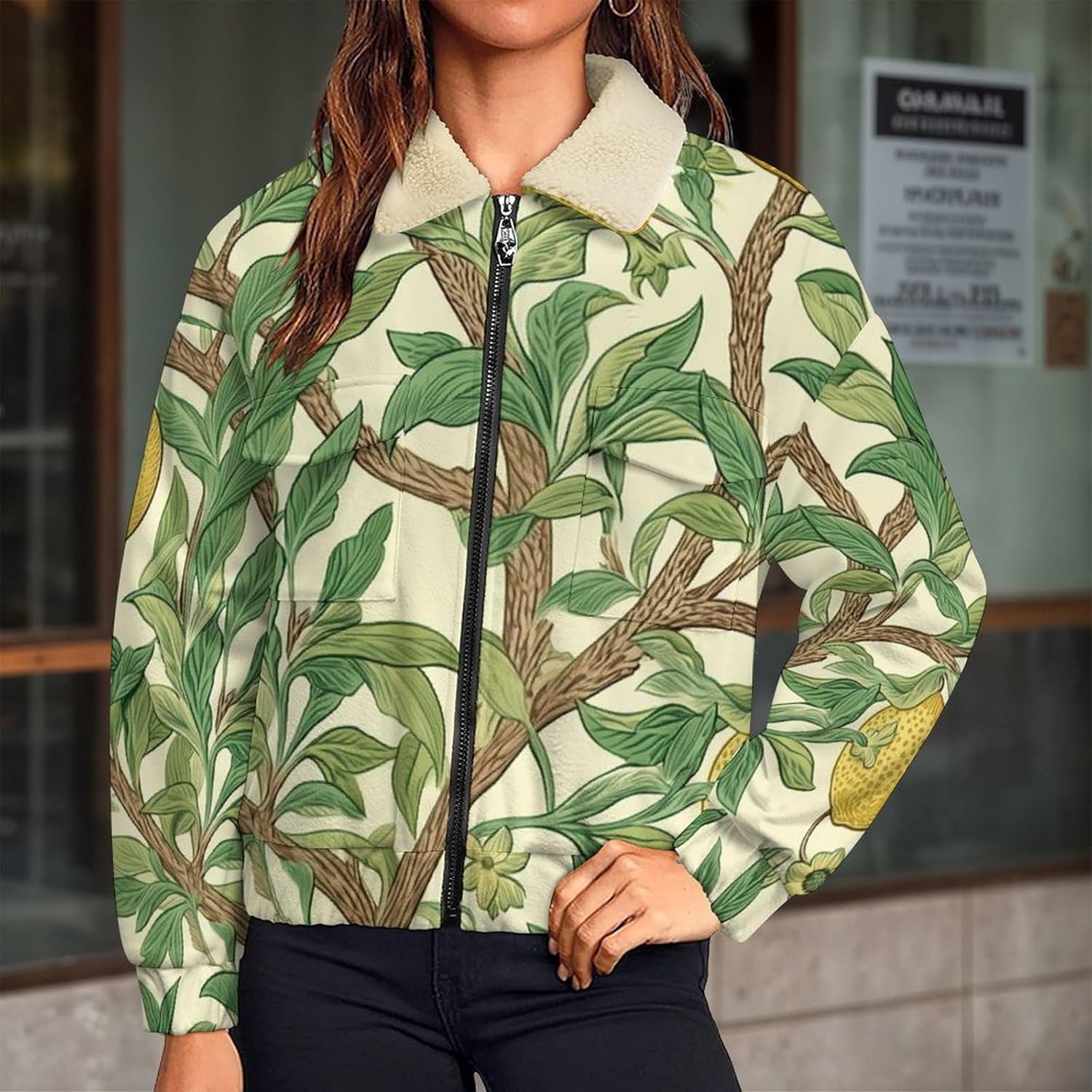 Women Winter Sherpa Lined Fleece Jacket, Long Sleeve Zip Up Lemon Tree Fuzzy Cropped Coats Warm Soft Polar Outwear