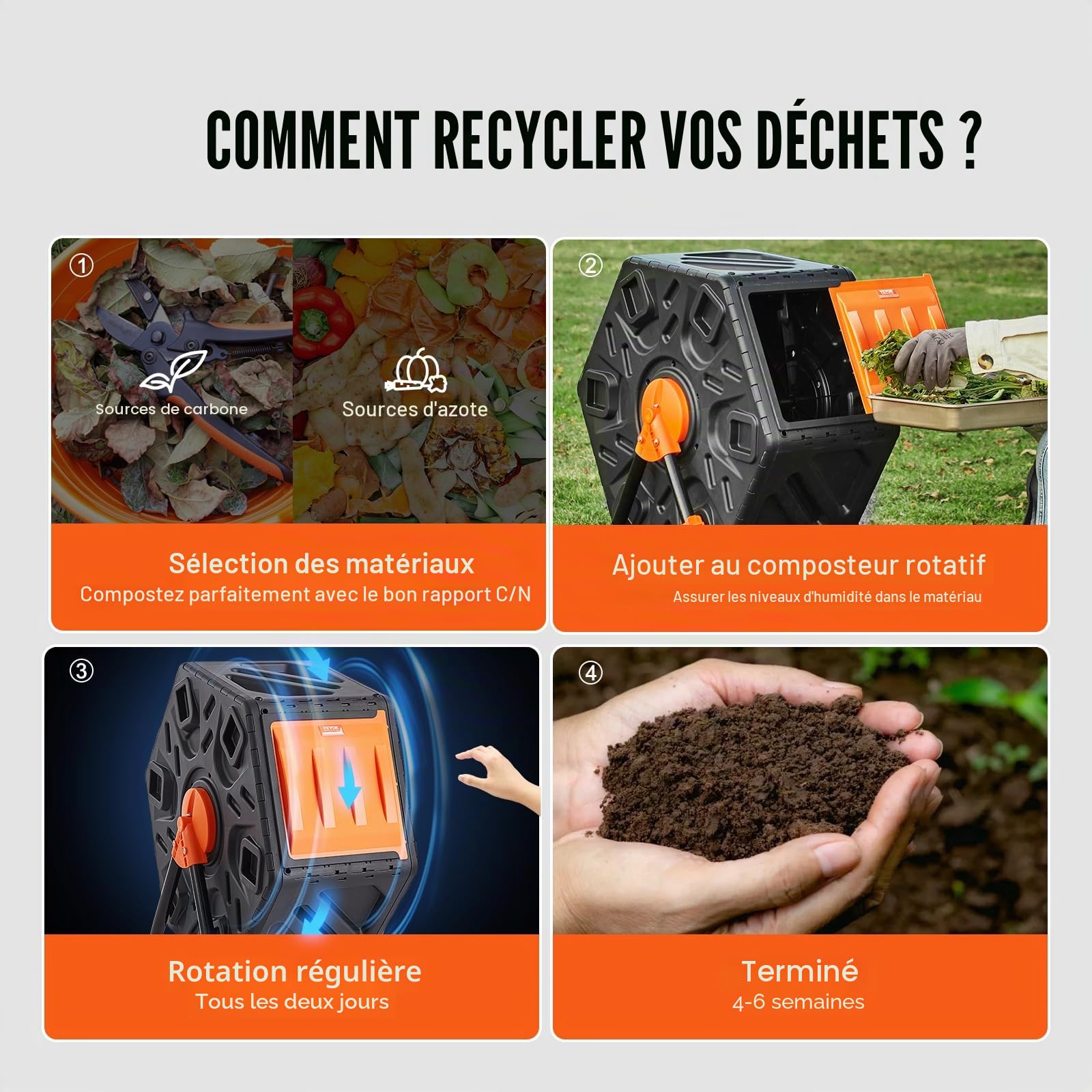 VEVOR Composteur de Jardin Rotatif 70 L Bac à Compost Rotatif 360° en PP et Acier sans BPA Charge 20 kg Chambre Unique pour Compostage des Déchets Organiques Cuisine Jardinier Terrasse Patio Extérieur