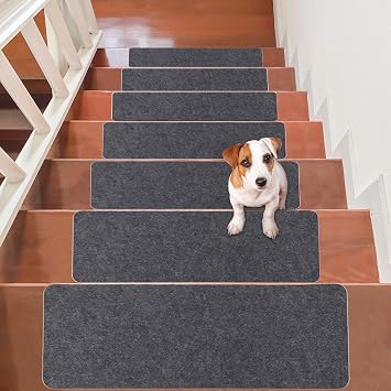 14Pcs Stair Treads Carpet Non Slip, 55 * 20CM Self-Adhesive Floor Stair Carpets Treads, Solid Wood Stairs Non Skid Safety Rug Slip Resistant Indoor Runner for Kids Elders and PetsDark Gray