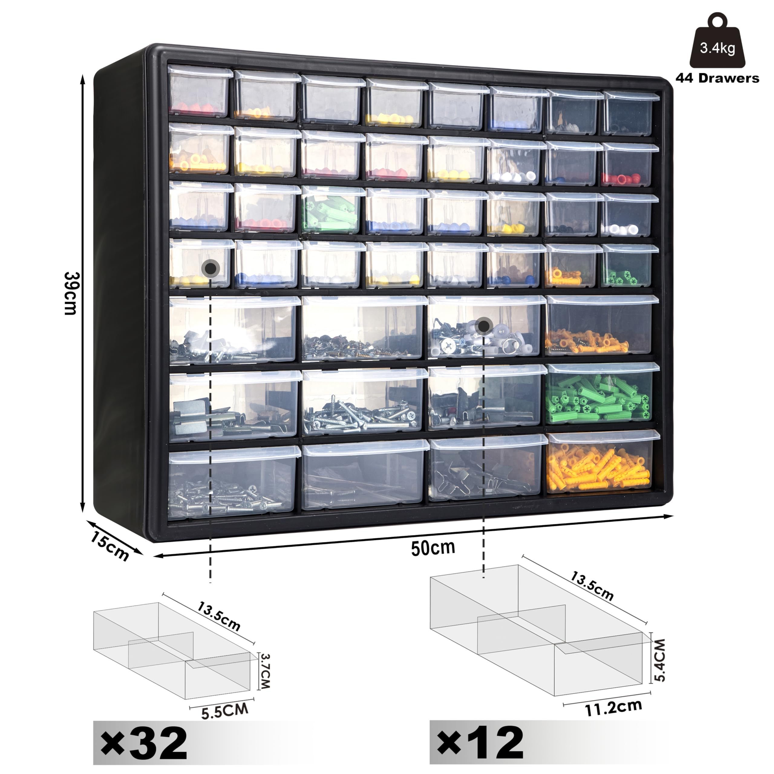 CraftGenes Organizzatore a vite – 44 cassetti garage & officina box con divisori regolabili, organizer per attrezzi da parete (nero)