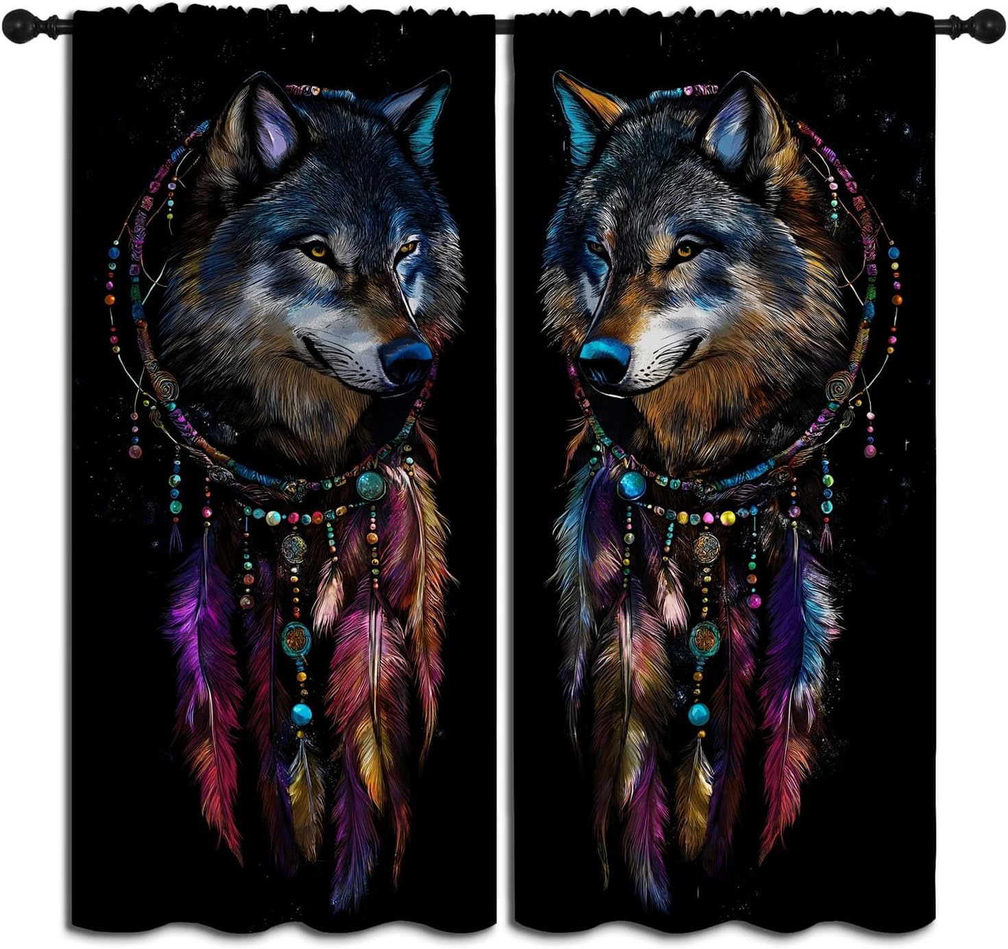 Wolf Dream Catcher Blackout Curtains,Gothic Wolf Dreamy Starry Sky Native American Animal Feather, 2 Panel Rod Pocket Thermal Insulated Drapes for Bedroom, Living, Kids Teen Room Deco 42x63 inch