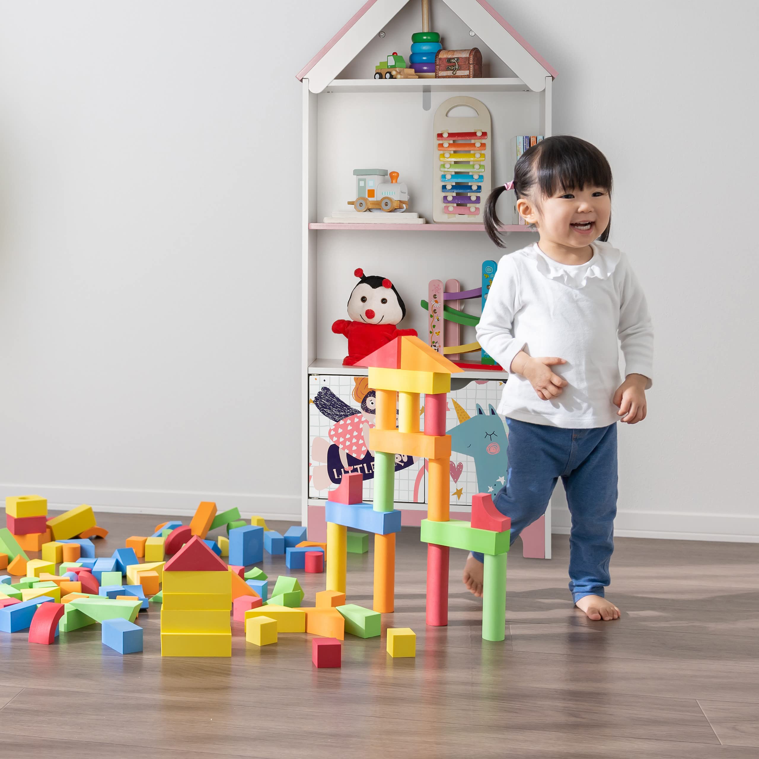 Relaxdays Scaffale Portagiochi, Motivo Super Woman, Cameretta Bambini, con 4 Scomparti e Ante, 93x63x28 cm, Bianco Rosa