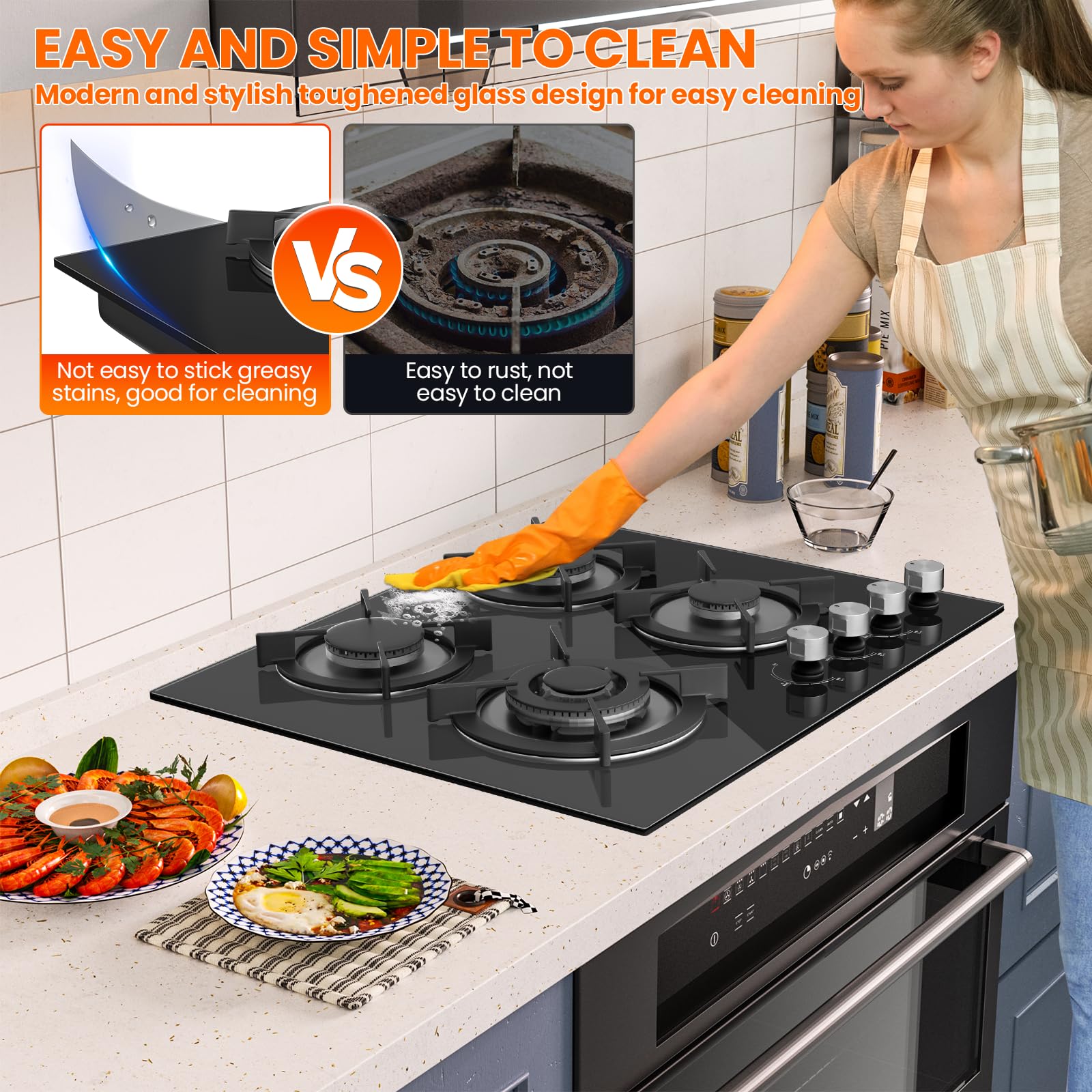Gas Hob 4 burners, Built in Black Glass Gas Hob with Flame Out Protection,with Cast Iron Supports,NG/LPG Convertible — view 5