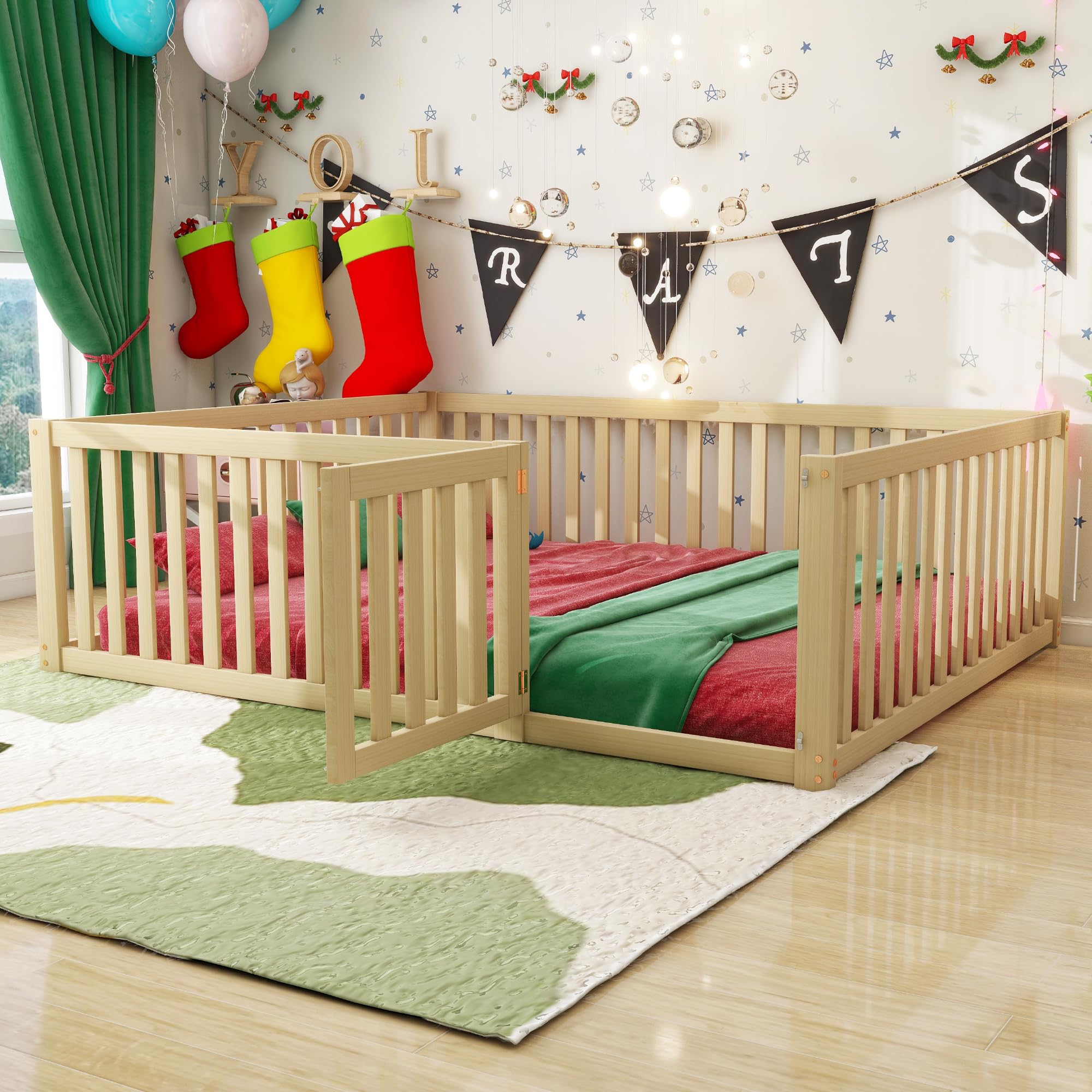 Zepneiy Lit Enfant 140 x 200 cm, Cadre de lit au Sol en Bois Massif, lit Enfant avec clôture et Porte, Coloris Naturel