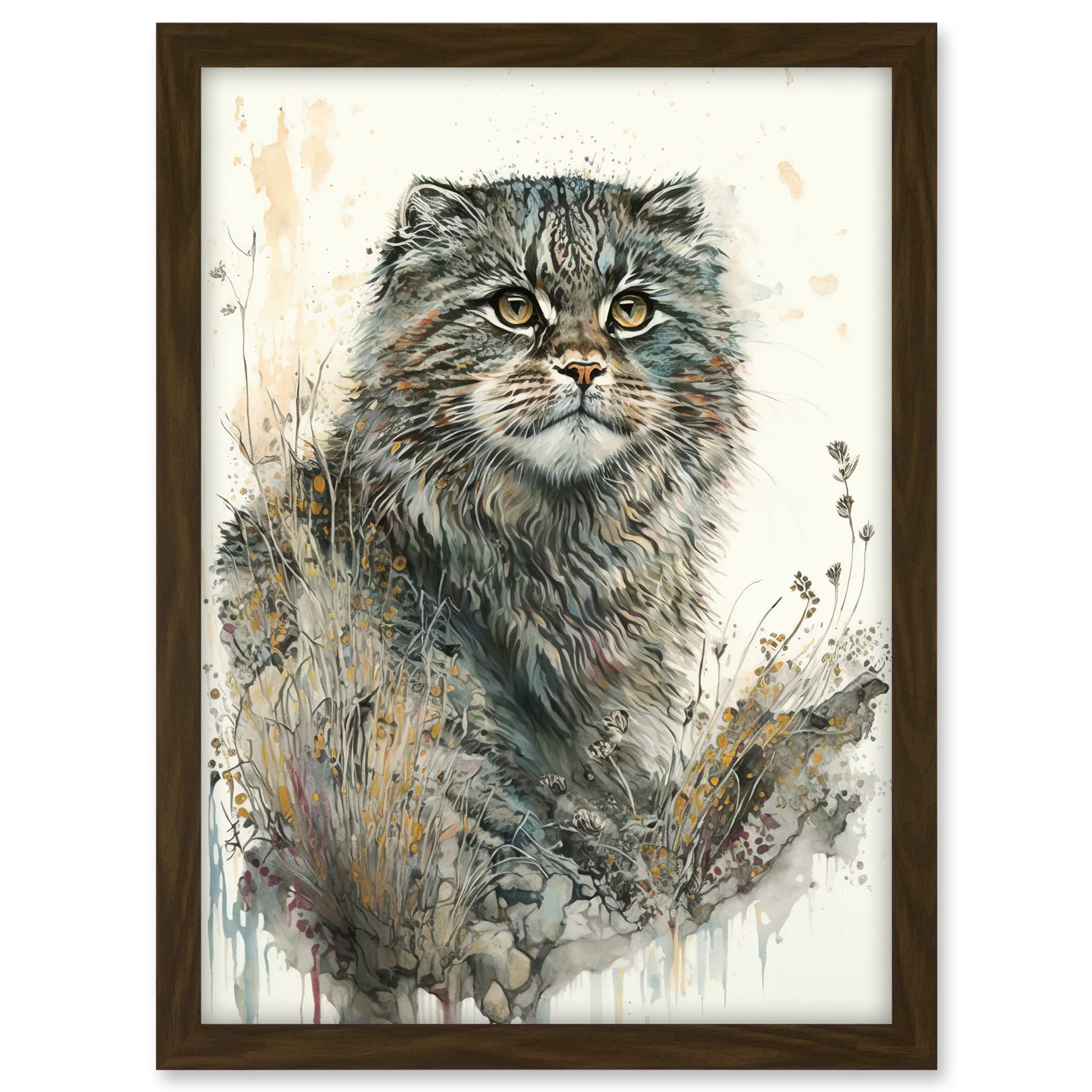 Artery8 Manul Pallas Cat Portrait in Wildflowers Watercolour Illustration Artwork Framed A3 Wall Art Print