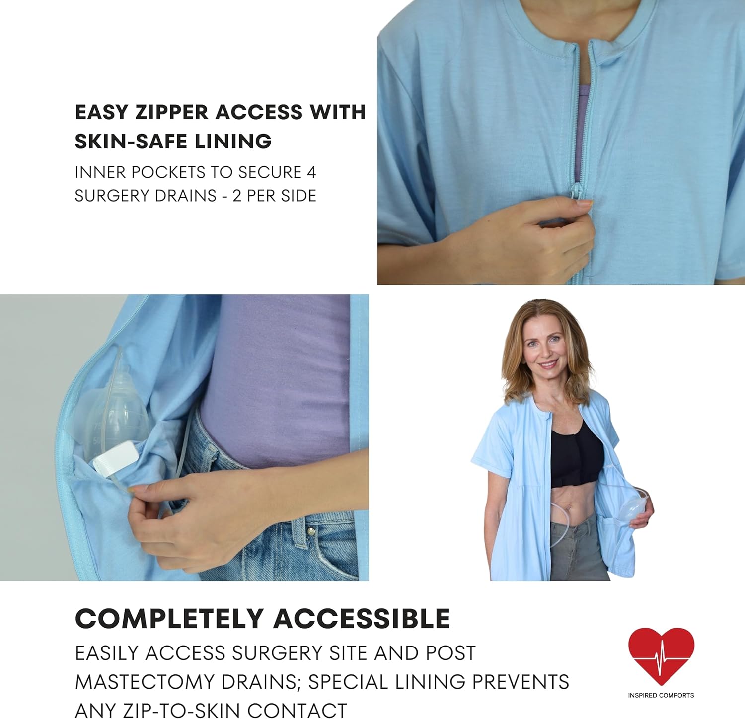 Inspired Comforts Mastectomy Recovery Shirt with Drain Pockets & Fasteners to Hold Drainage Tubes - Image 2