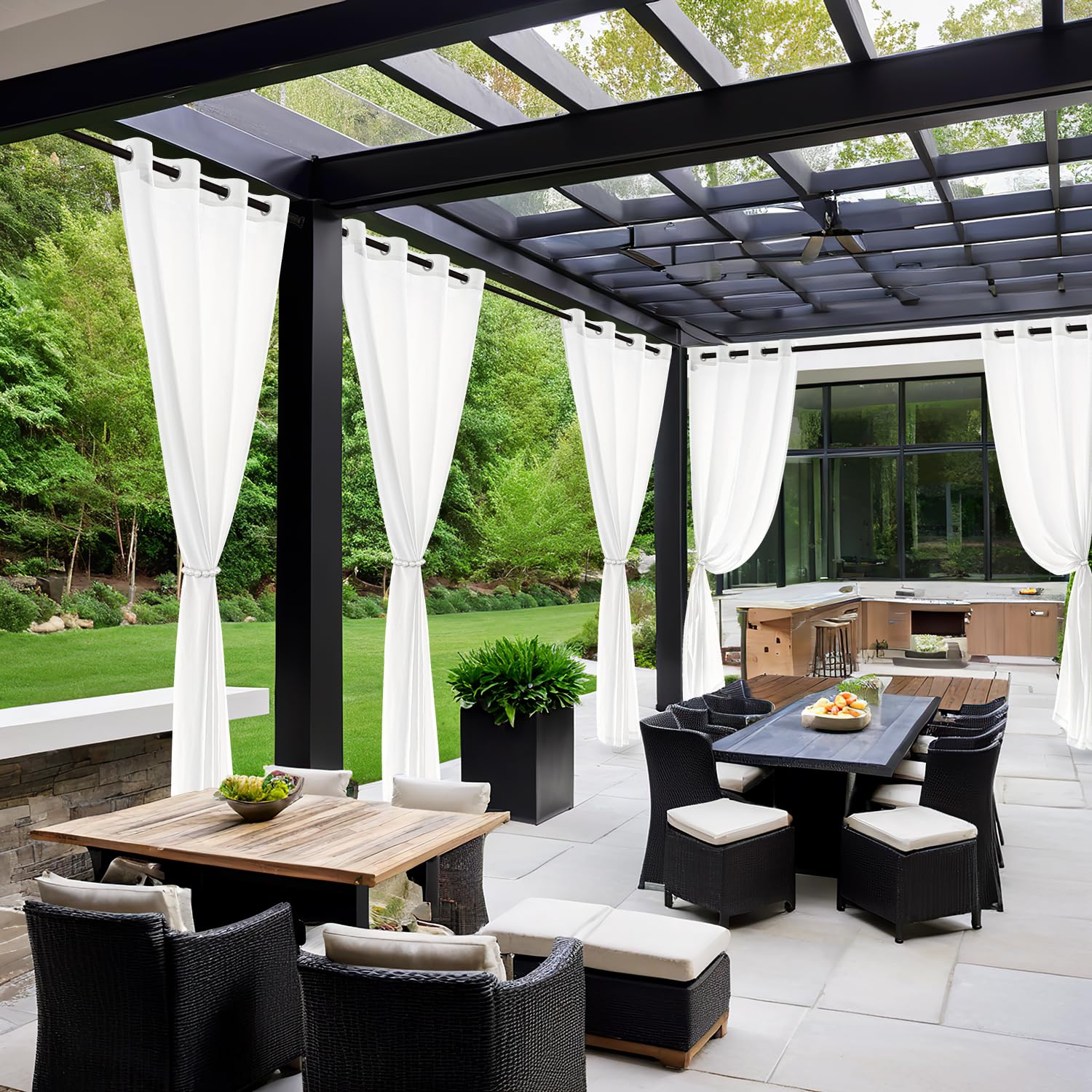 MIULEE Rideau d'extérieur Transparent résistant aux intempéries avec œillets Imperméable Protection Solaire pour pavillon, terrasse, pergola, Balcon, Jardin L 137 x H 215 cm, 2 Panneaux, Blanc