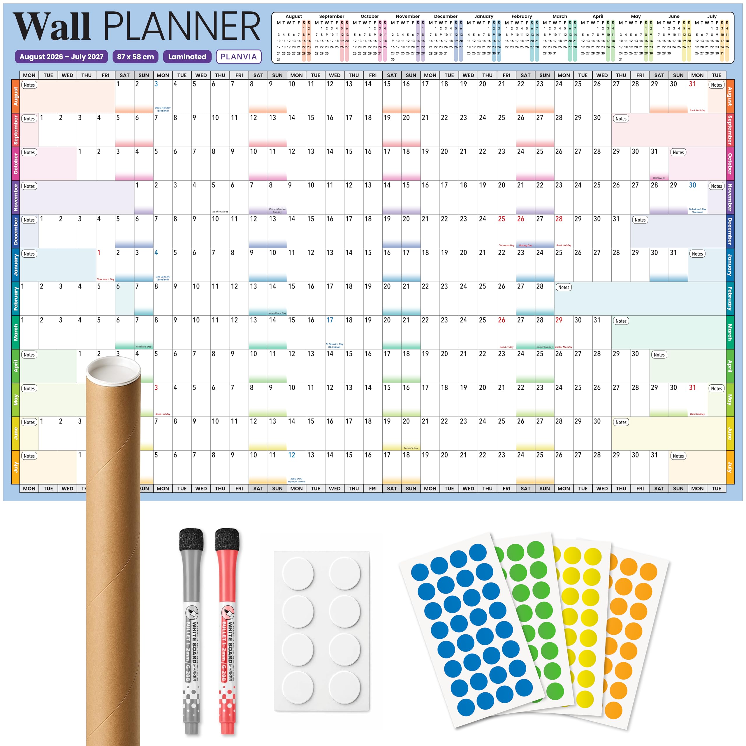 Academic Year Wall Planner 2026-2027 Large A1 UK Calendar 87 x 58cm Laminated Erasable Rolled No Creases Yearly Wall Chart With Pens, Adhesive Pads & Coloured Stickers for Home & Office by Planvia