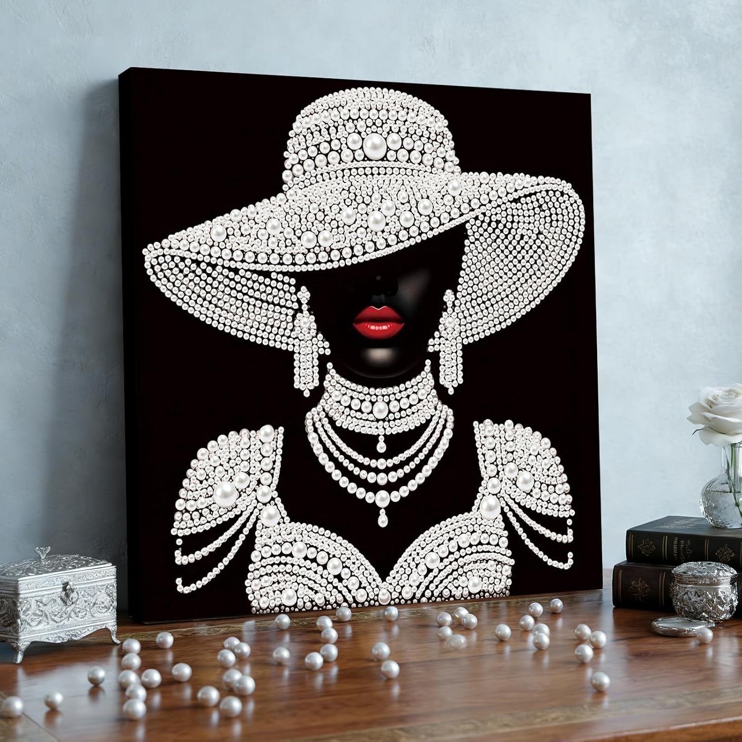 DIY Lady with Red Lips Pearl Diamond Art Painting Kit for Adults Beginners Gift Idea Home Wall Decor Pearl Gem Paintings Picture Arts Craft 25x25cm with Frame