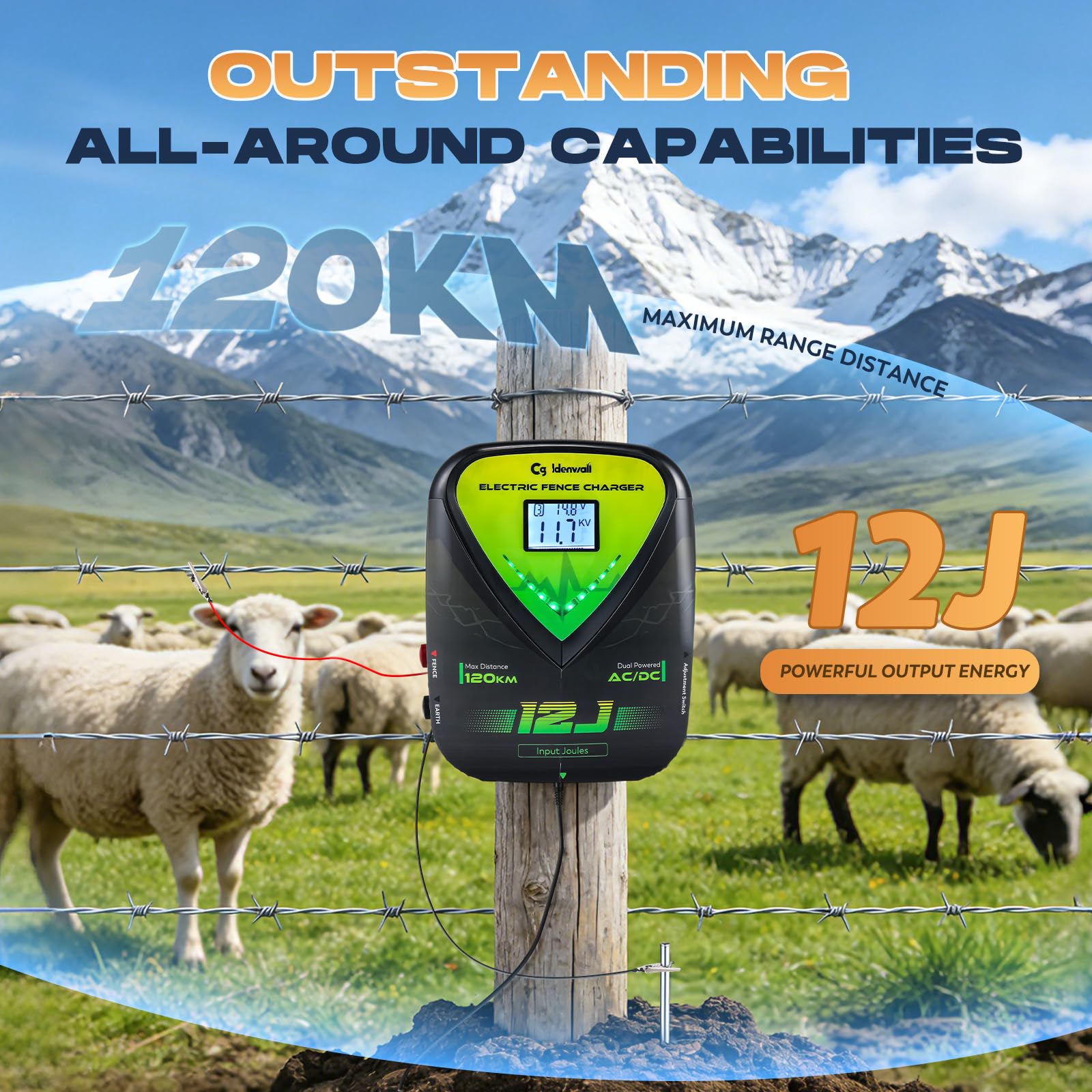 CGOLDENWALL 12J Pastor Electrico, AC/DC, 120KM Alcance, Ganado | 10KV Tension de Pico, IPX6 Impermeable, Caballos Ganado, Ranch Jardin, 2 en 1