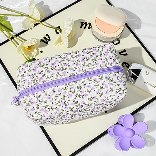 Miniatura 2 de Bolsa de maquillaje floral acolchada para cosméticos, bolsa de maquillaje de coqueta inflada, bolsa de maquillaje estética grande de viaje,