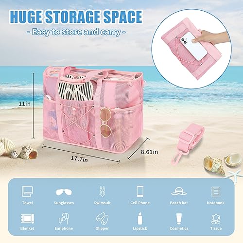 Miniatura 3 de Bolsas de playa para mujer, bolsa grande de malla con bolsa impermeable para teléfono, bolsa de playa plegable para vacaciones, viajes, parque