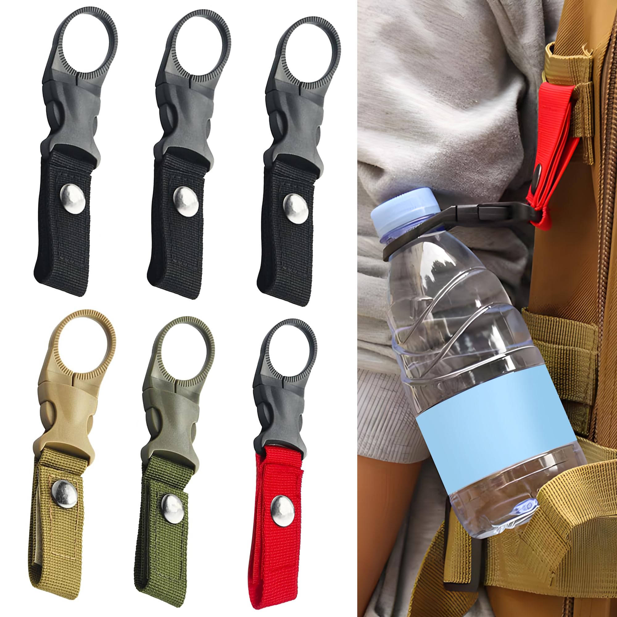 6PCS Webbing Water Bottle Clip, Outdoor Portable Water Bottle Holder, Multifunctional Hanging Buckles Strap Accessories, Nylon Belt Clip for Hiking Camping Tactical Backpack and Traveling