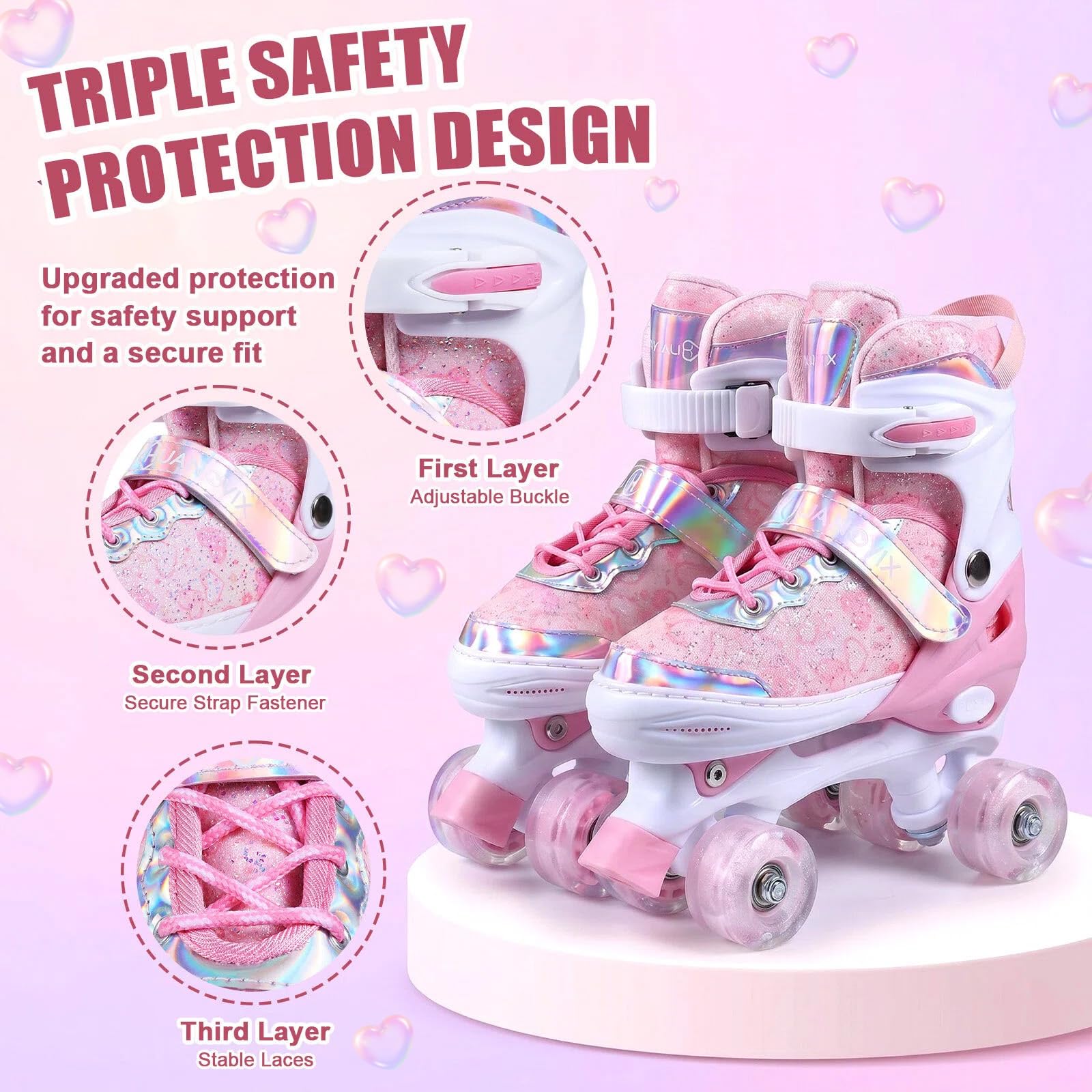 4 Sizes Adjustable Kids Roller Skates for Girls Boys Indoor Outdoor Sports, Love-Pink, Small-Little Kids - Image 4