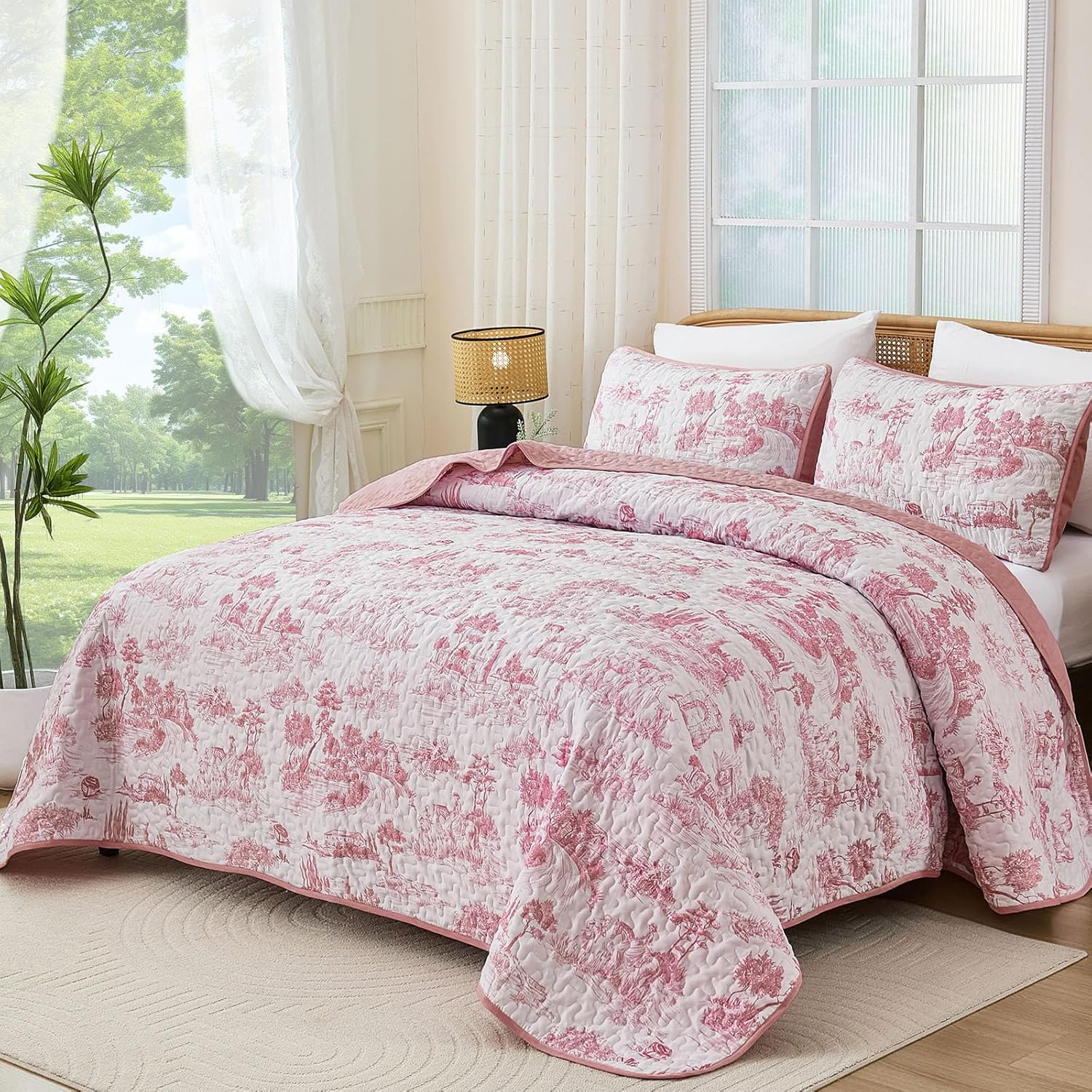 Drucon Toile Village Quilt Set Queen Size,Pink Botanical Christmas Quilts Bedspread for All Season,Soft Microfiber Bedding Coverlet Set 96"x90"(3 Pieces, Queen) - Image 2