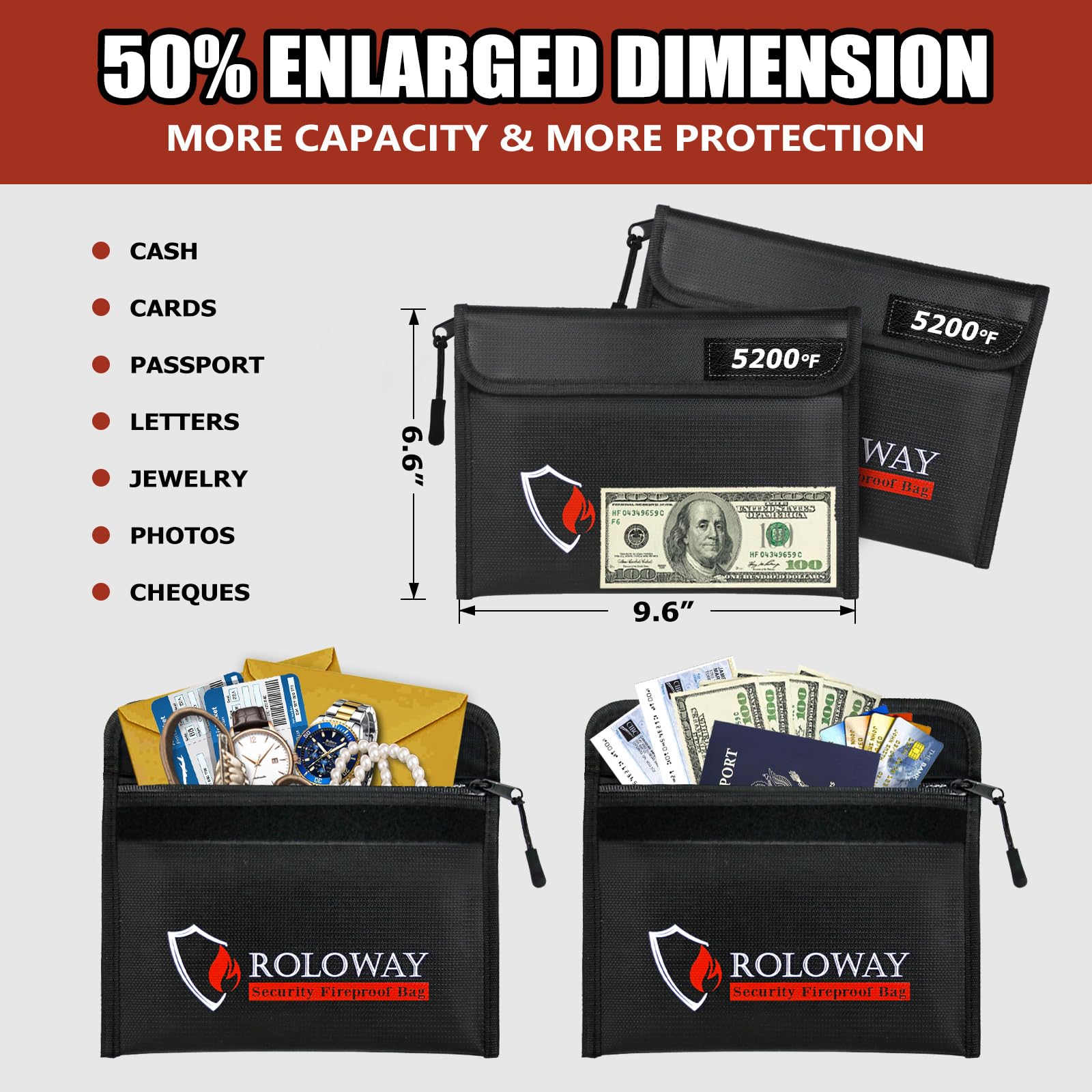 SEKAM Fireproof Bag 5200℉ Heat Insulated (9.6 x 6.6 inches), Fireproof Money Bag with Zipper for Cash (2-Pack Black) - Image 4