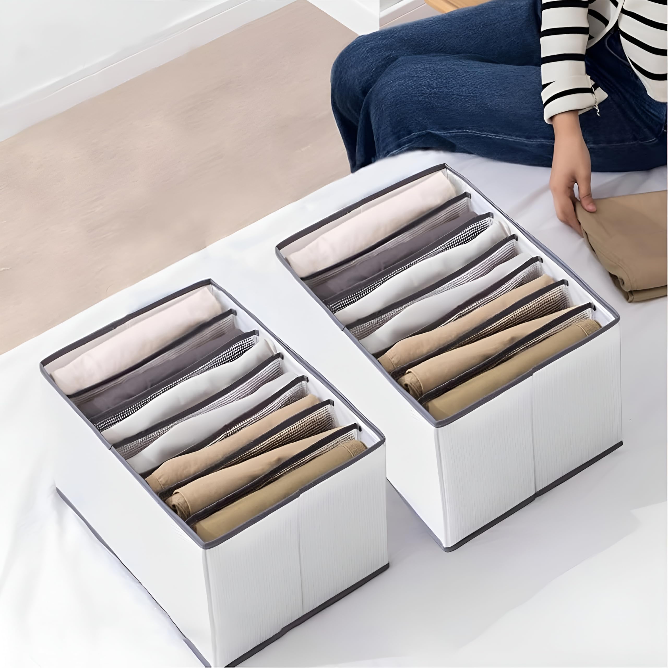 JD FRESH 7 Slot Non-Woven Fabric Clothing Storage Box/Foldable Wardrobe Organizer/Multipurpose Storage Organisers for clothes/Shirts/T-Shirts/Dress/Sweaters/Jeans (Pack of 2, White)
