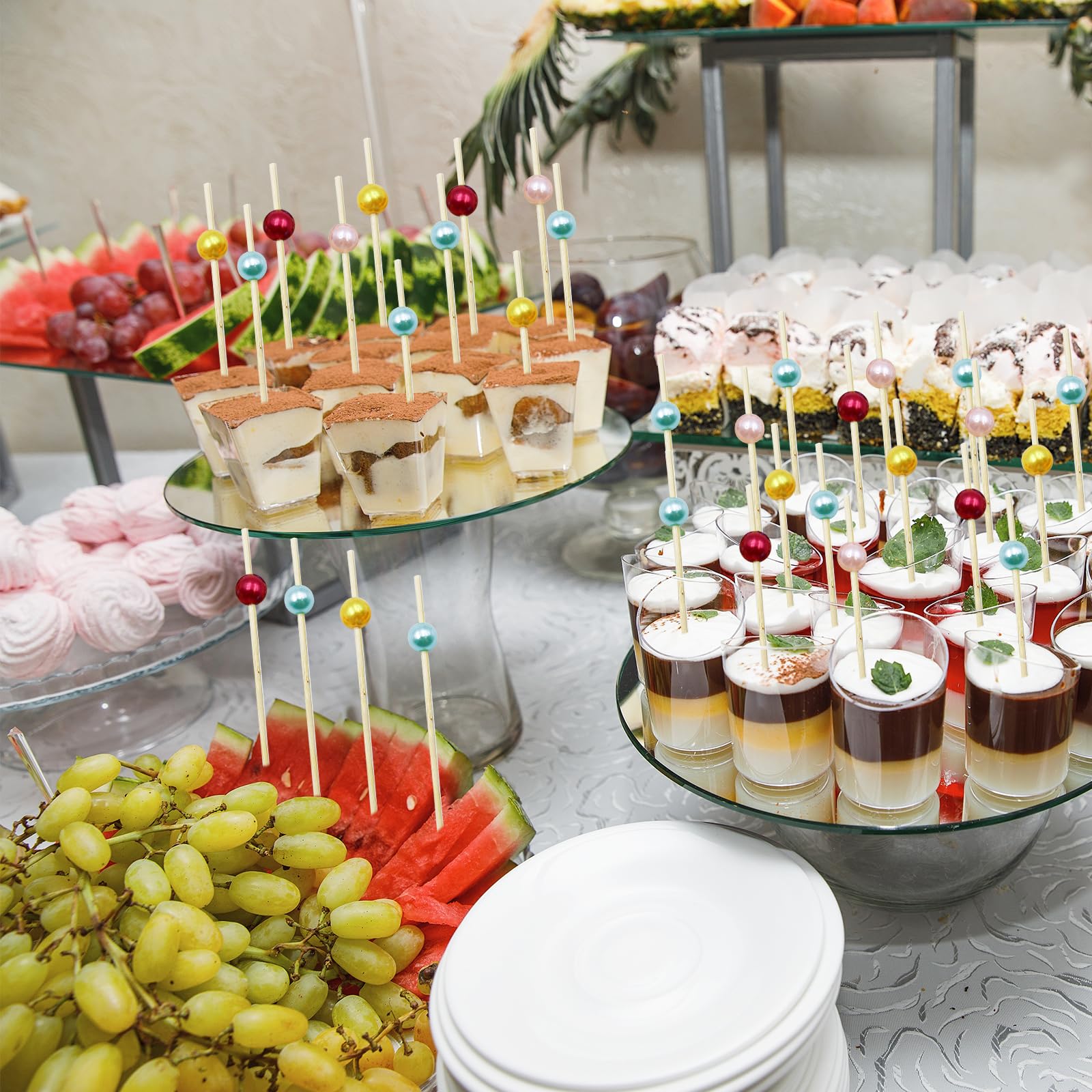 200 sztuk drewnianych wykałaczek koktajlowych 12 cm, kolorowe szpikulce koktajlowe z akrylową perłą, dekoracyjne patyczki koktajlowe do ciast owoców, koktajli, napojów, cukierków, baru, na imprezę