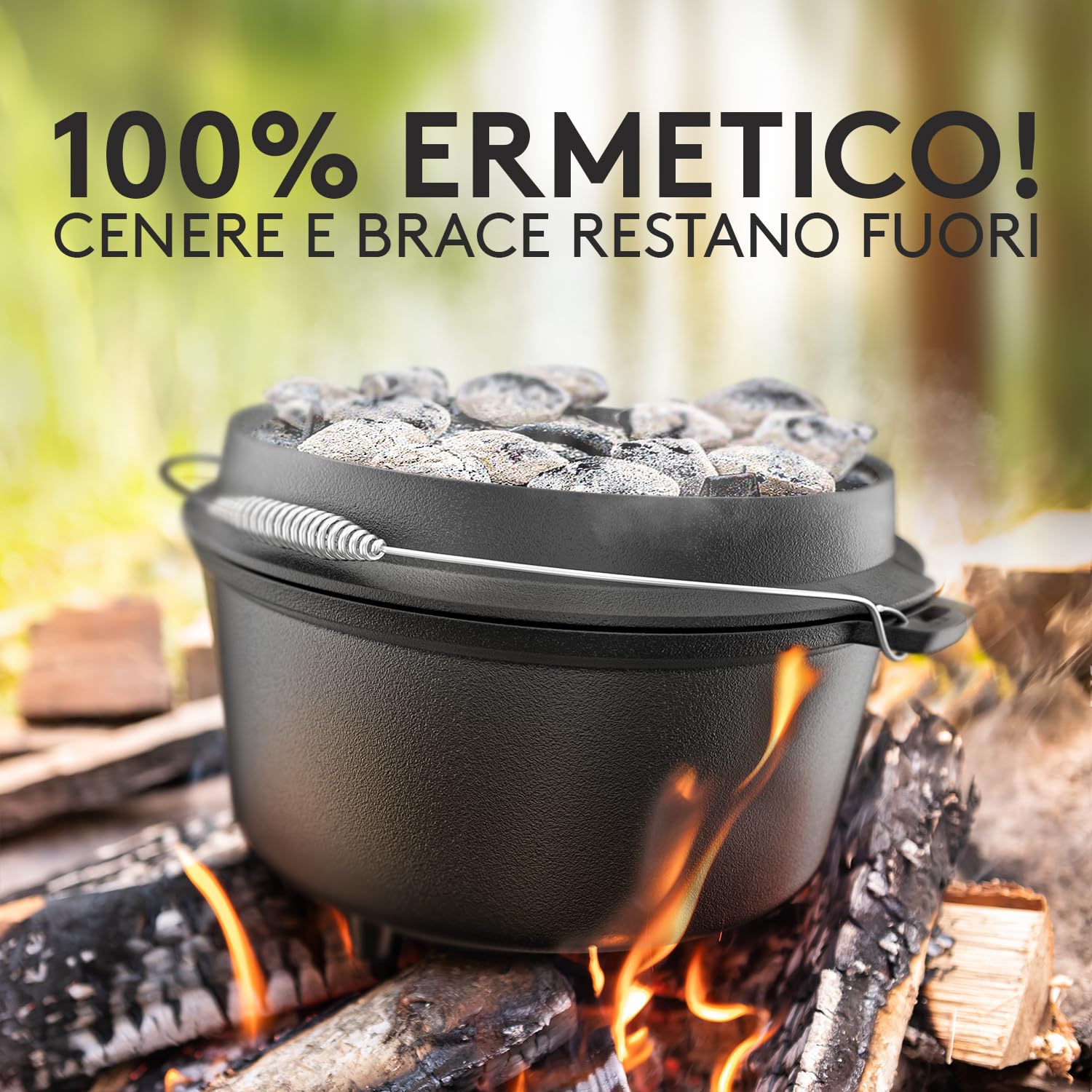 Taste of Fire [L'Originale] - Set Pentola Olandese in Ghisa da 7,4 Litri con Piedini & Coperchio da 1,8 Litri a Doppia Funzione Utilizzabile come Griglia – Include Solleva Coperchio