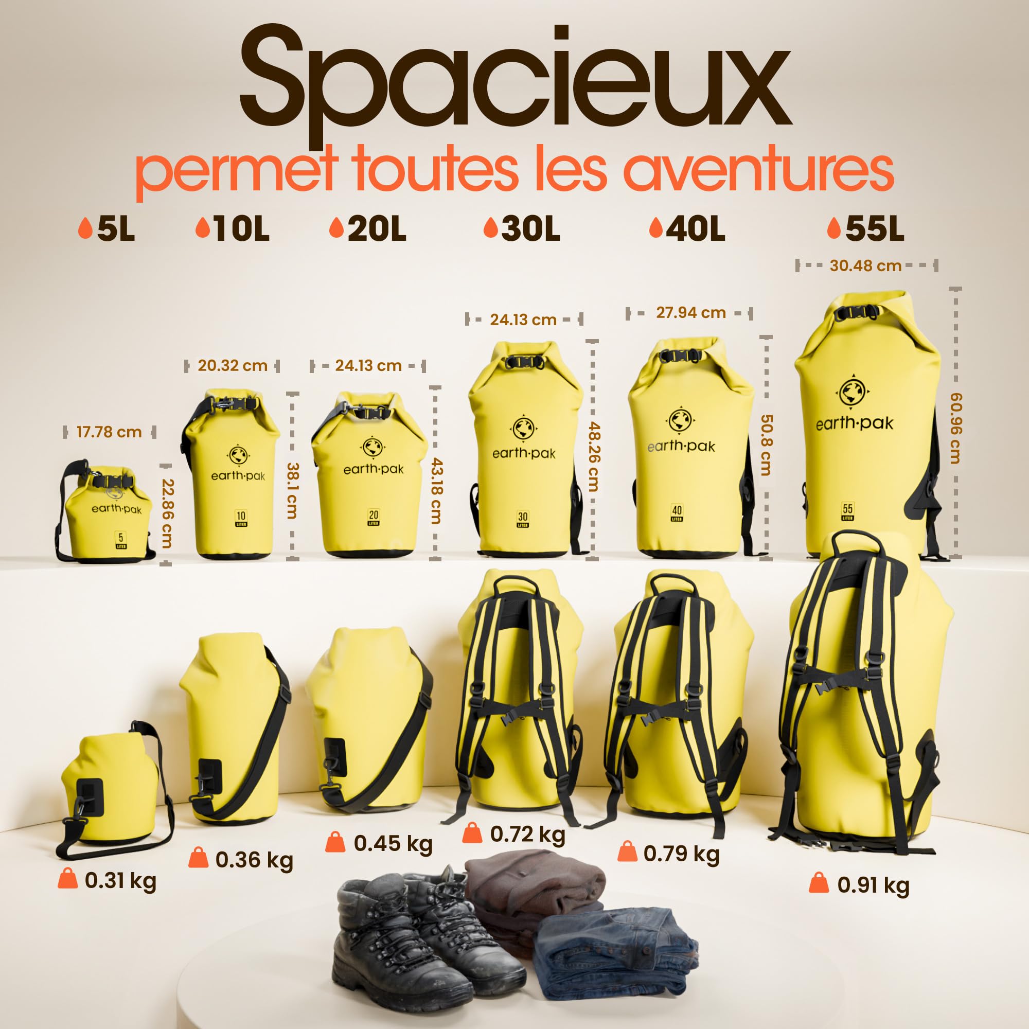 Sac Étanche 30L - Kayak Bateau Canoë Pêche Rafting Natation - Dry Bag | PVC 500D imperméable, coutures thermosoudées pour garder vos affaires au sec. Disponible en 30L, coloris Jaune.