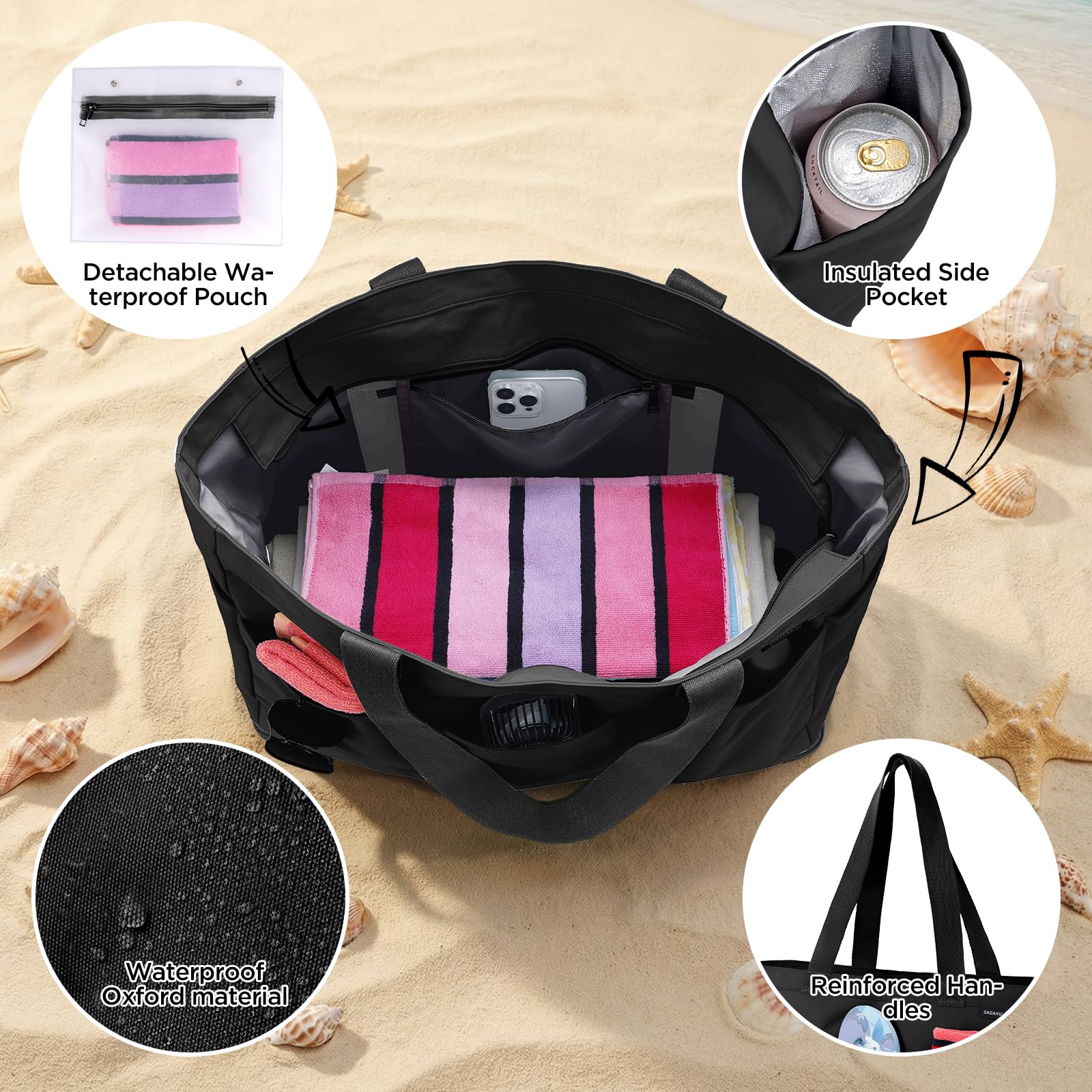 GAGAKU Bolsa de playa XXL con compartimento frigorífico, impermeable, con cremallera, plegable, grande, para familia, mujer, piscina, viajes, color azul, 50 x 38 x 19 cm
