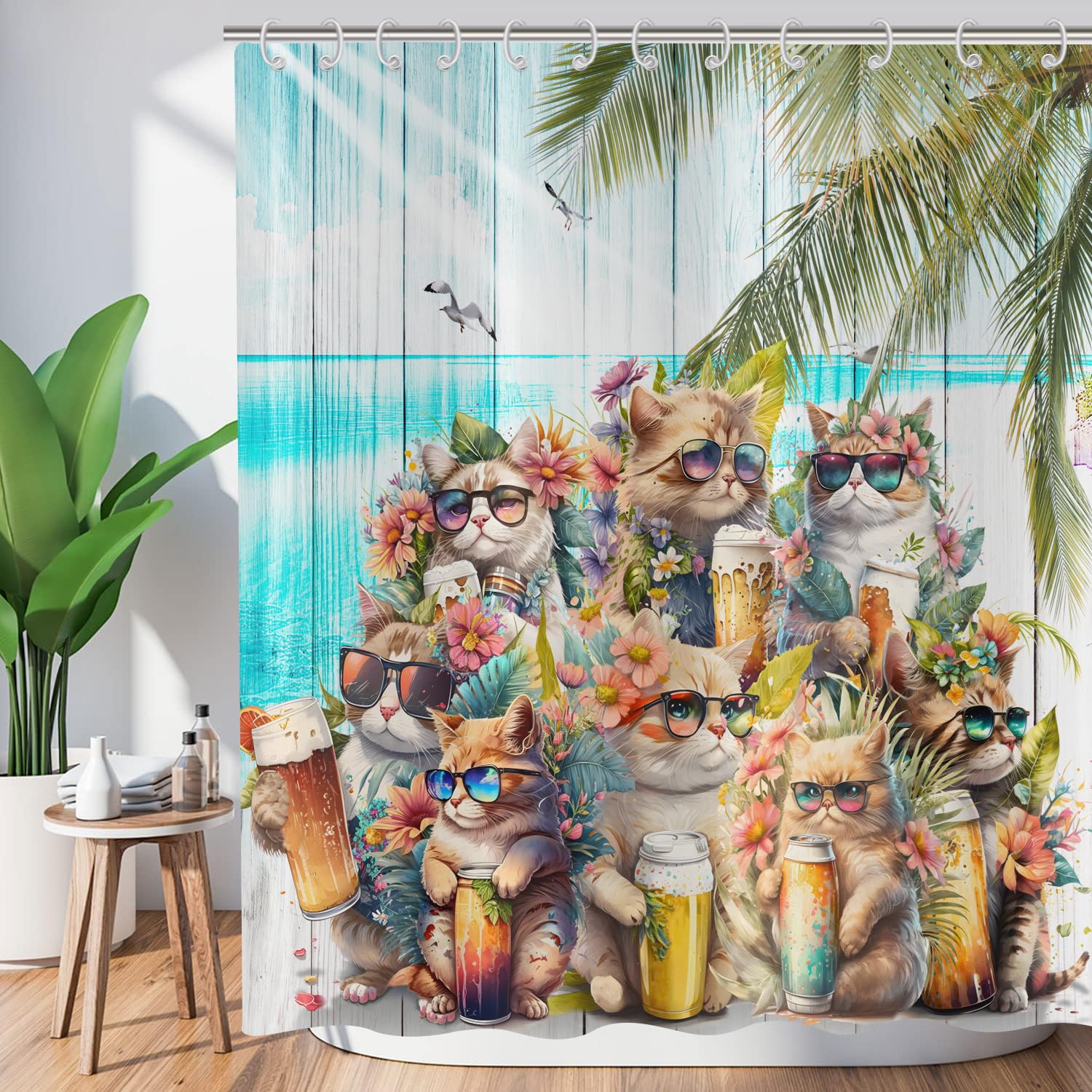 ASDCXZ Funny Shower Curtain 120x180 cm, Funny Cat at the Sea Party Flowers Retro Wood Grain Palm Leaves Washable Shower Curtains Polyester Textile Waterproof Bath Curtain for Bathtub with 8 Hooks โ image 1